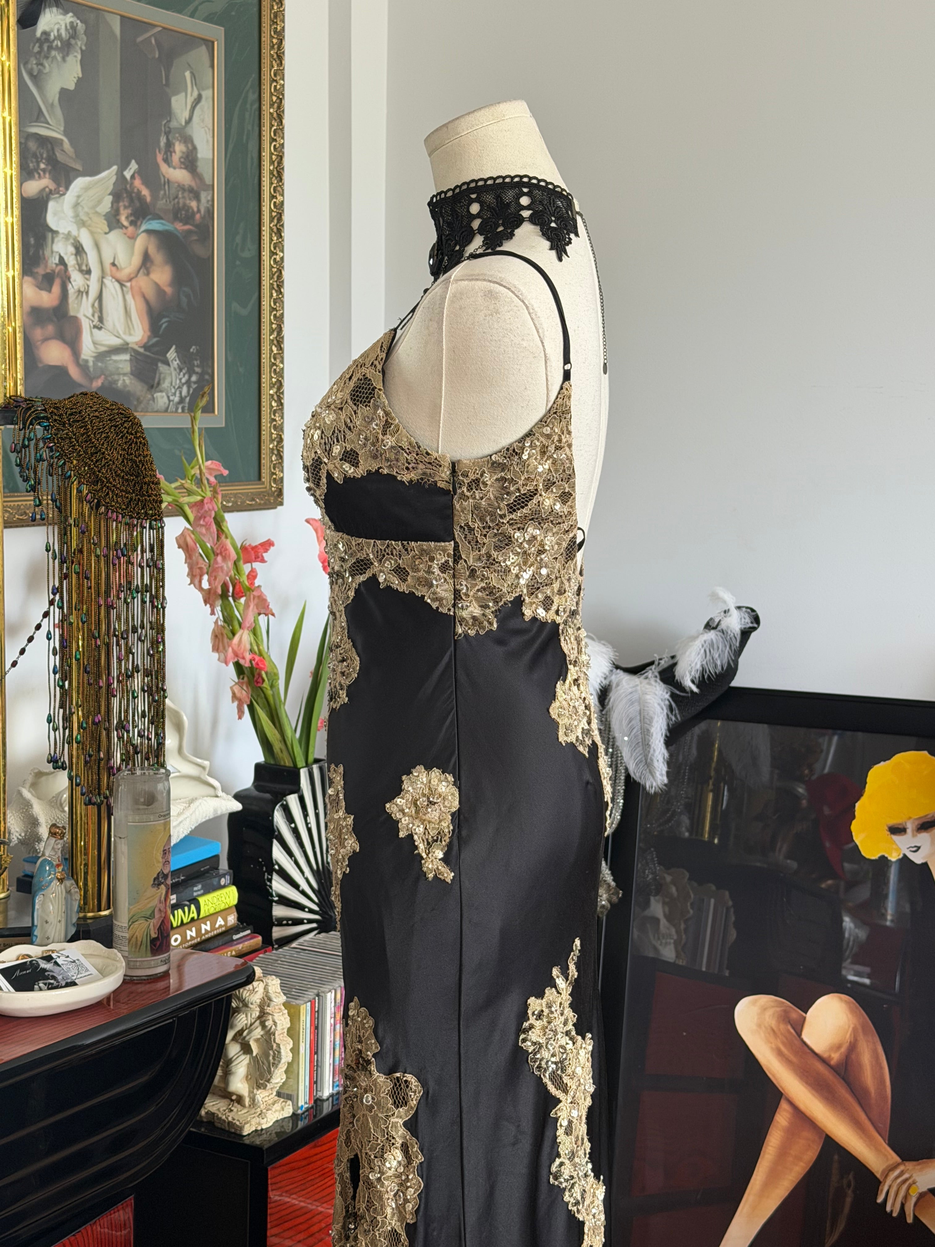 Vintage Caché Black & Gold Embellished Lace Evening Gown