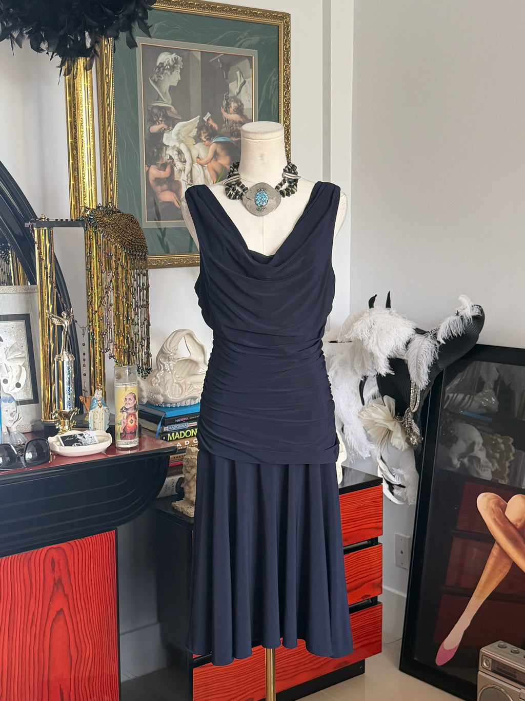 NW Collections Navy Draped Ruched Midi Dress