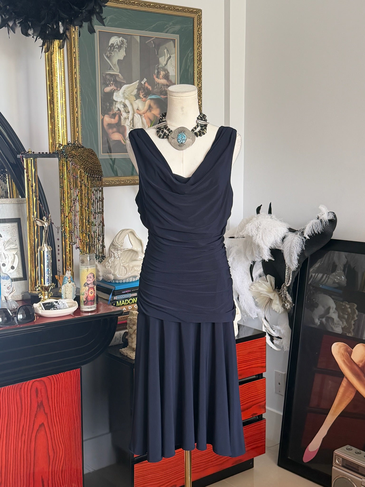 NW Collections Navy Draped Ruched Midi Dress
