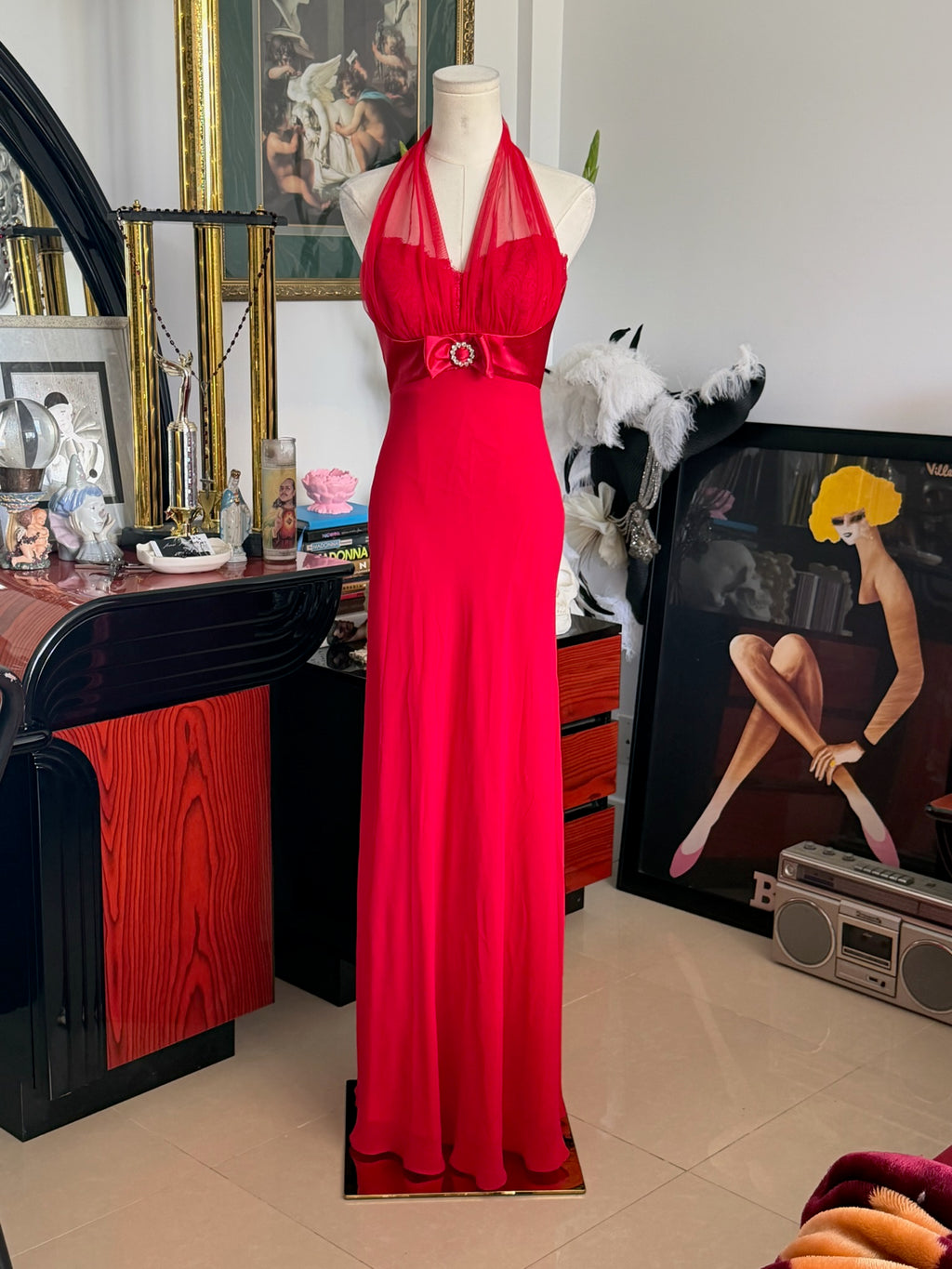 Vintage Betsy & Adam Red Halter Evening Gown – Rhinestone Bow Detail