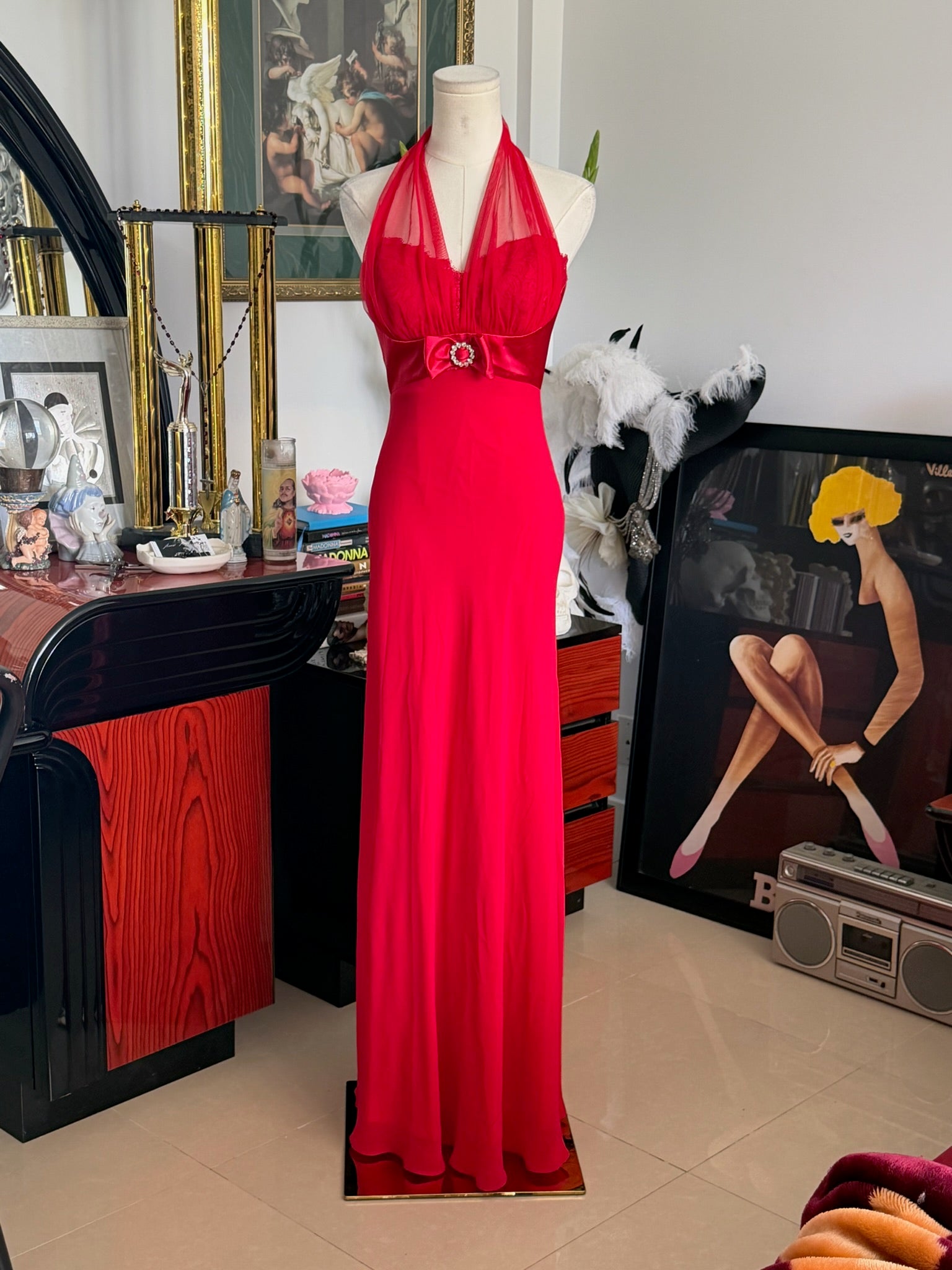 Vintage Betsy & Adam Red Halter Evening Gown – Rhinestone Bow Detail