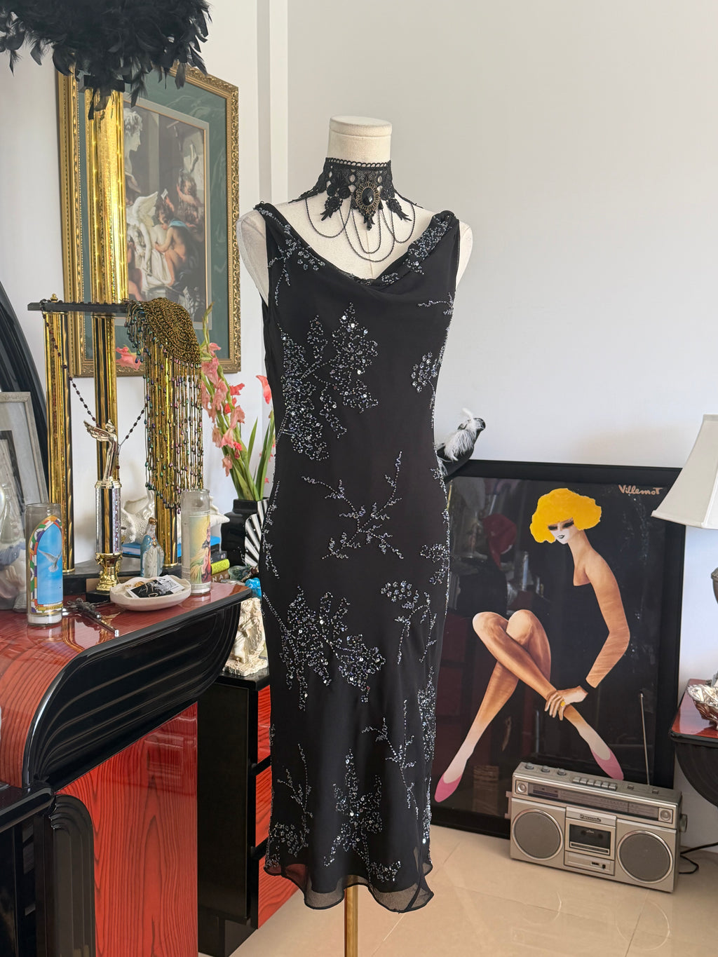 Vintage JKARA New York Black Beaded Evening Dress
