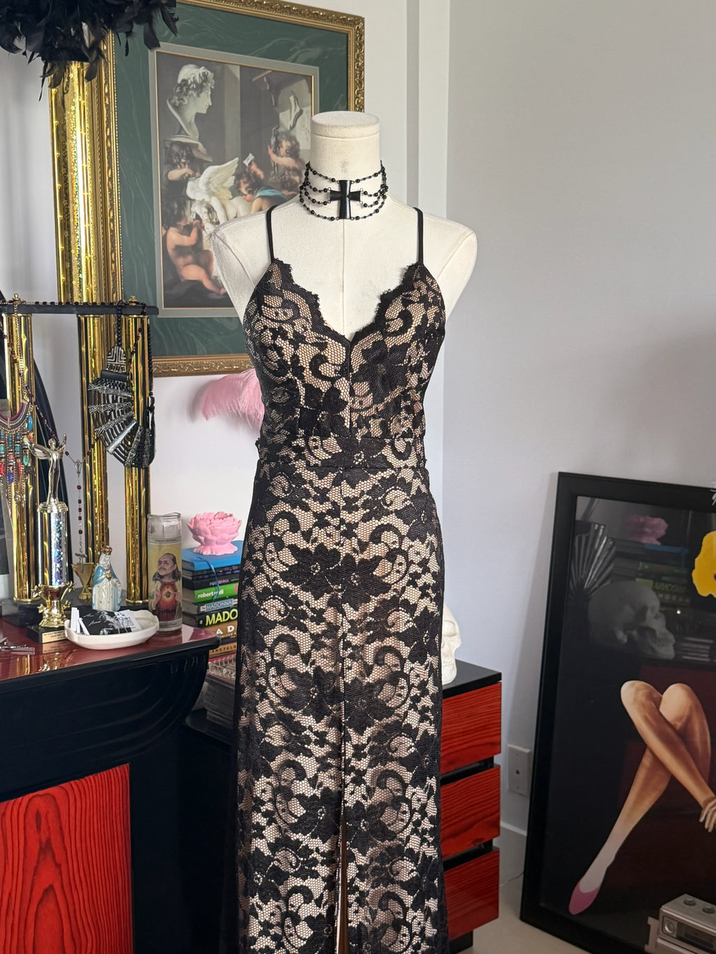 Y2K Black Lace Cutout Maxi Dress | Open Back Evening Gown | Size S