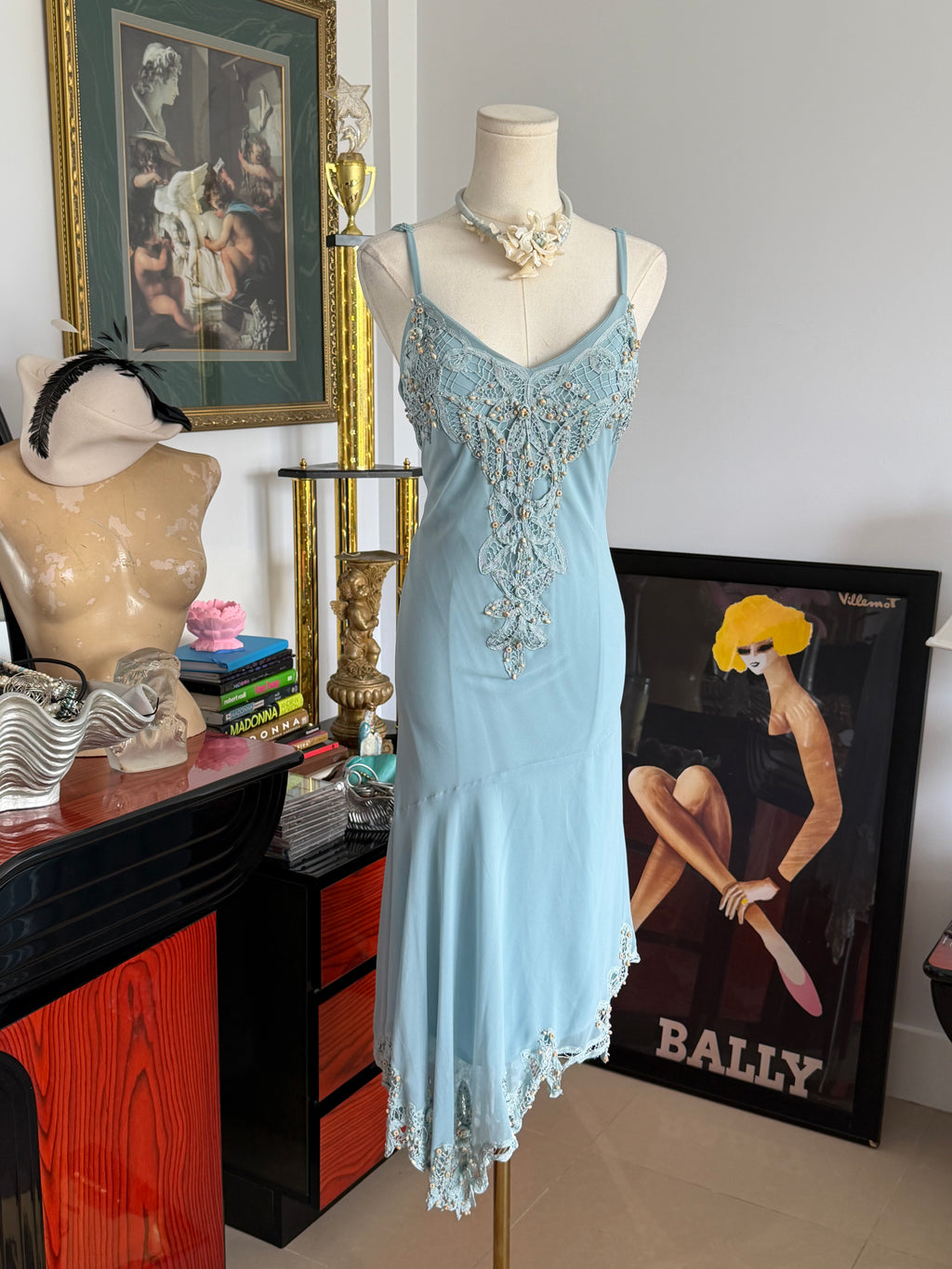 Vintage R&M Richards Ice Blue Beaded Lace Dress | M