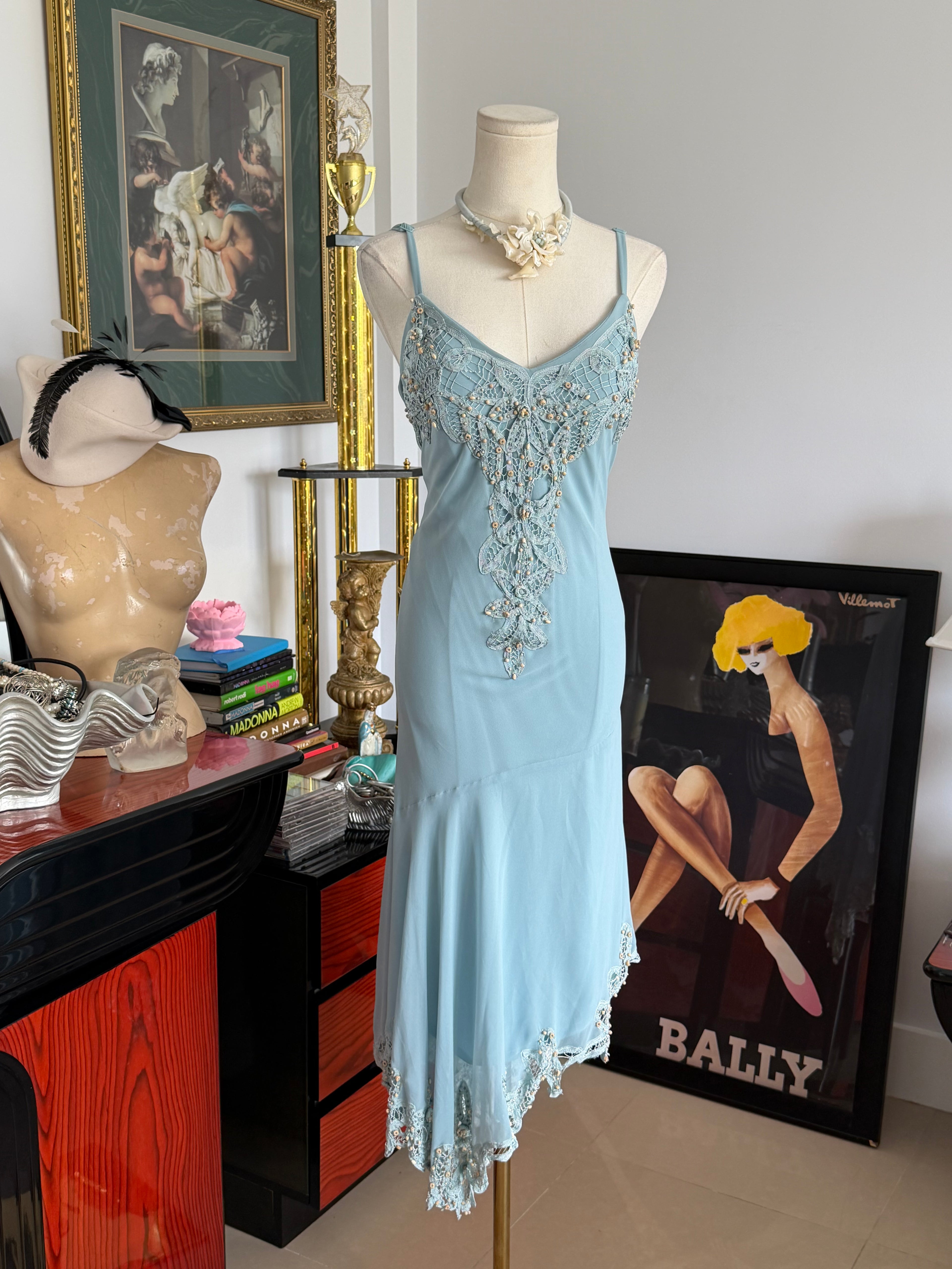 Vintage R&M Richards Ice Blue Beaded Lace Dress | M