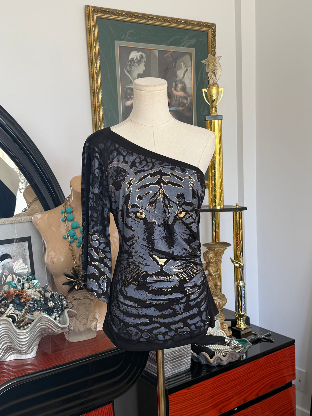 cache one shoulder tiger print top | made in usa | size M-L
