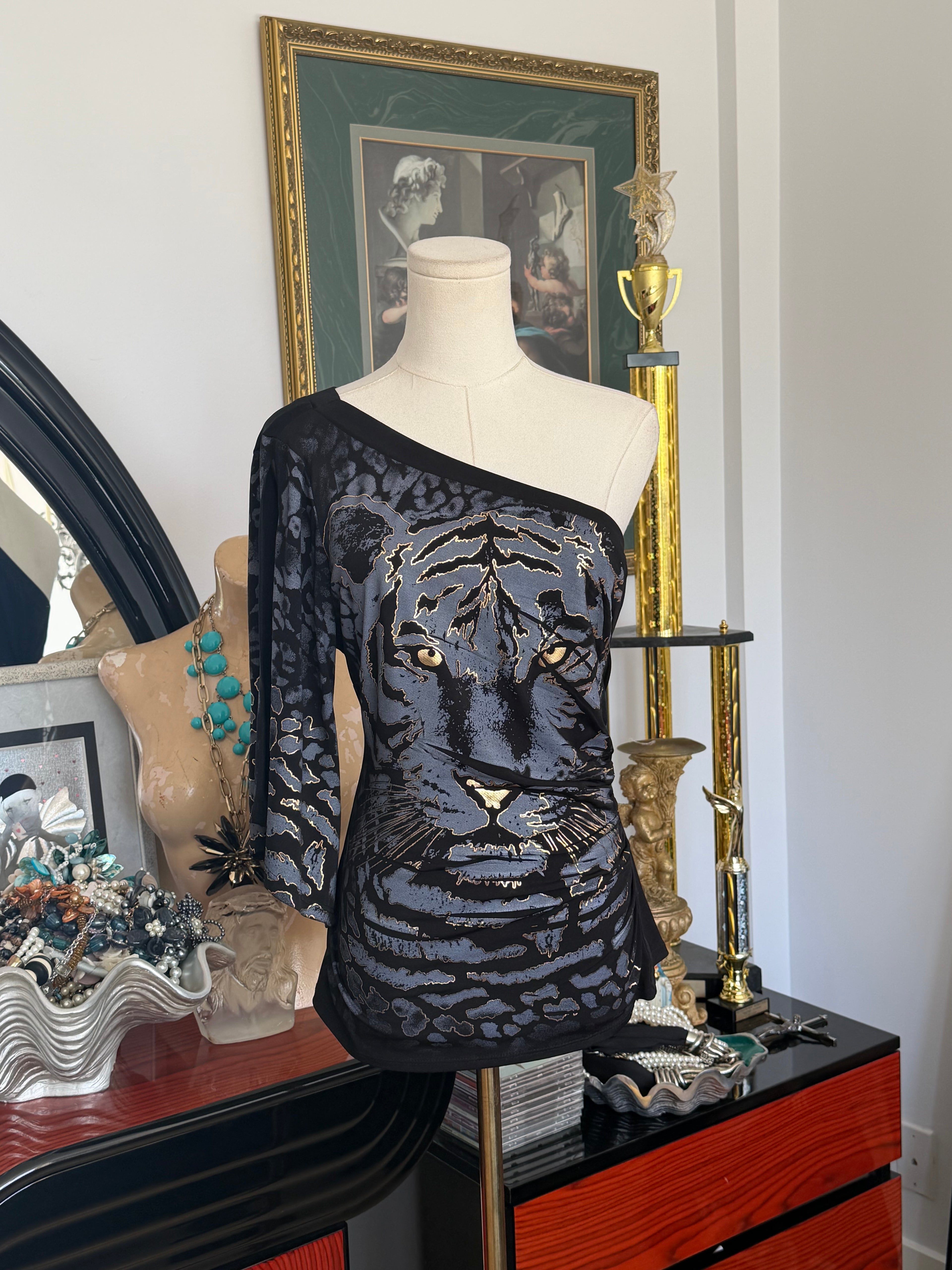 cache one shoulder tiger print top | made in usa | size M-L