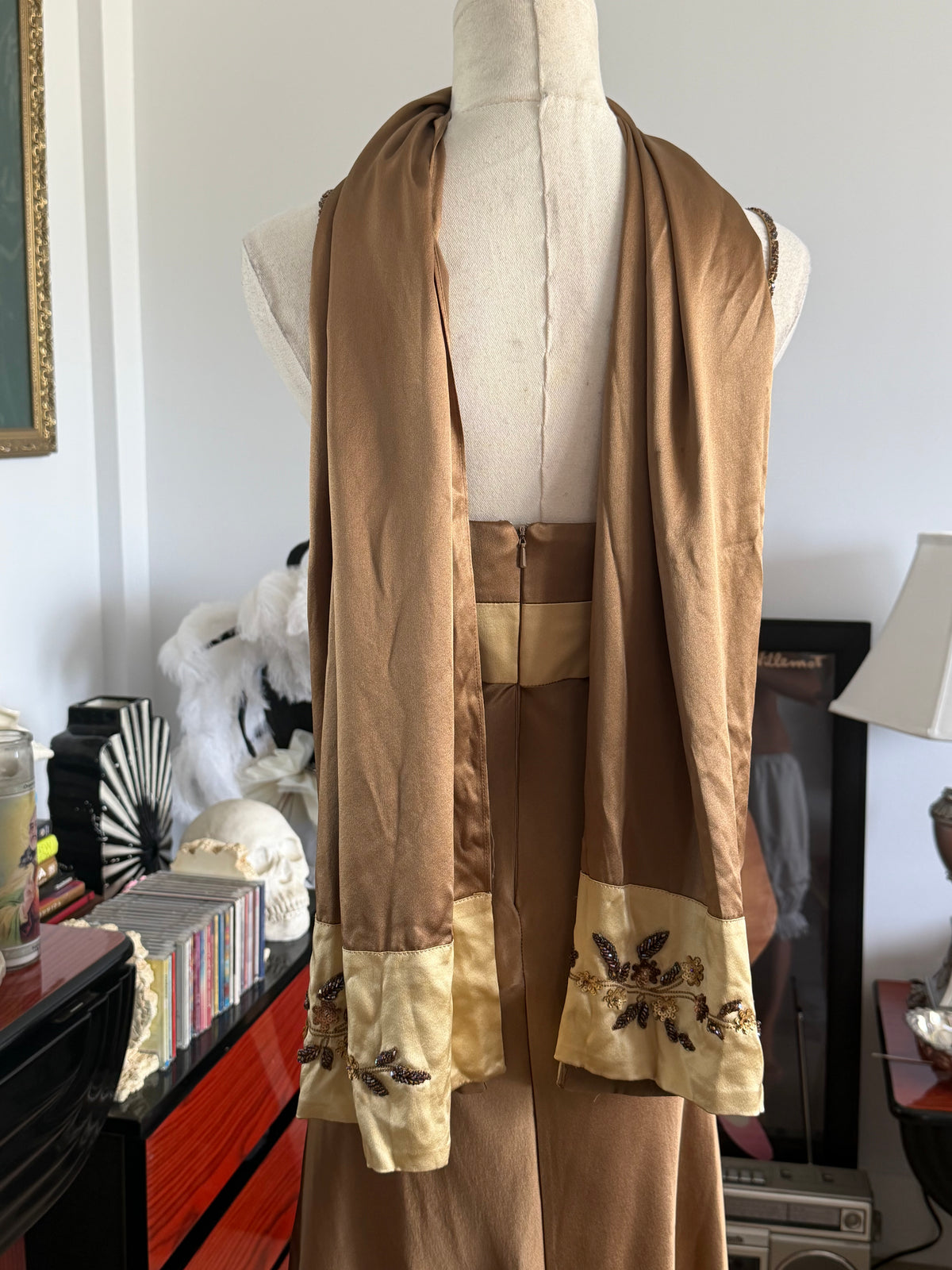 Vintage Silk Beaded Floral Bronze Evening Gown + Matching Scarf