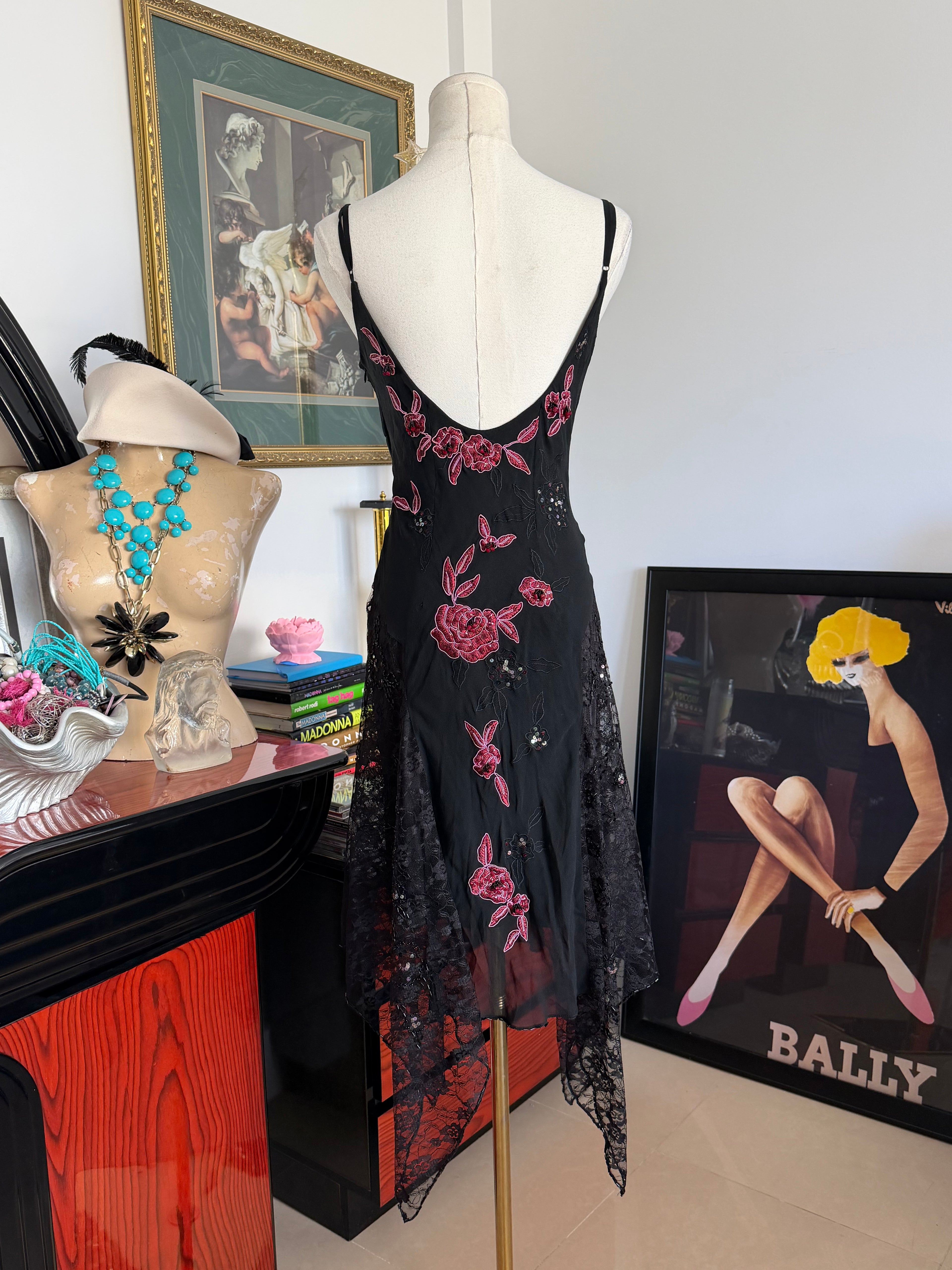 Vintage Sue Wong  Black Silk Rose Embroidered Handkerchief Dress-6