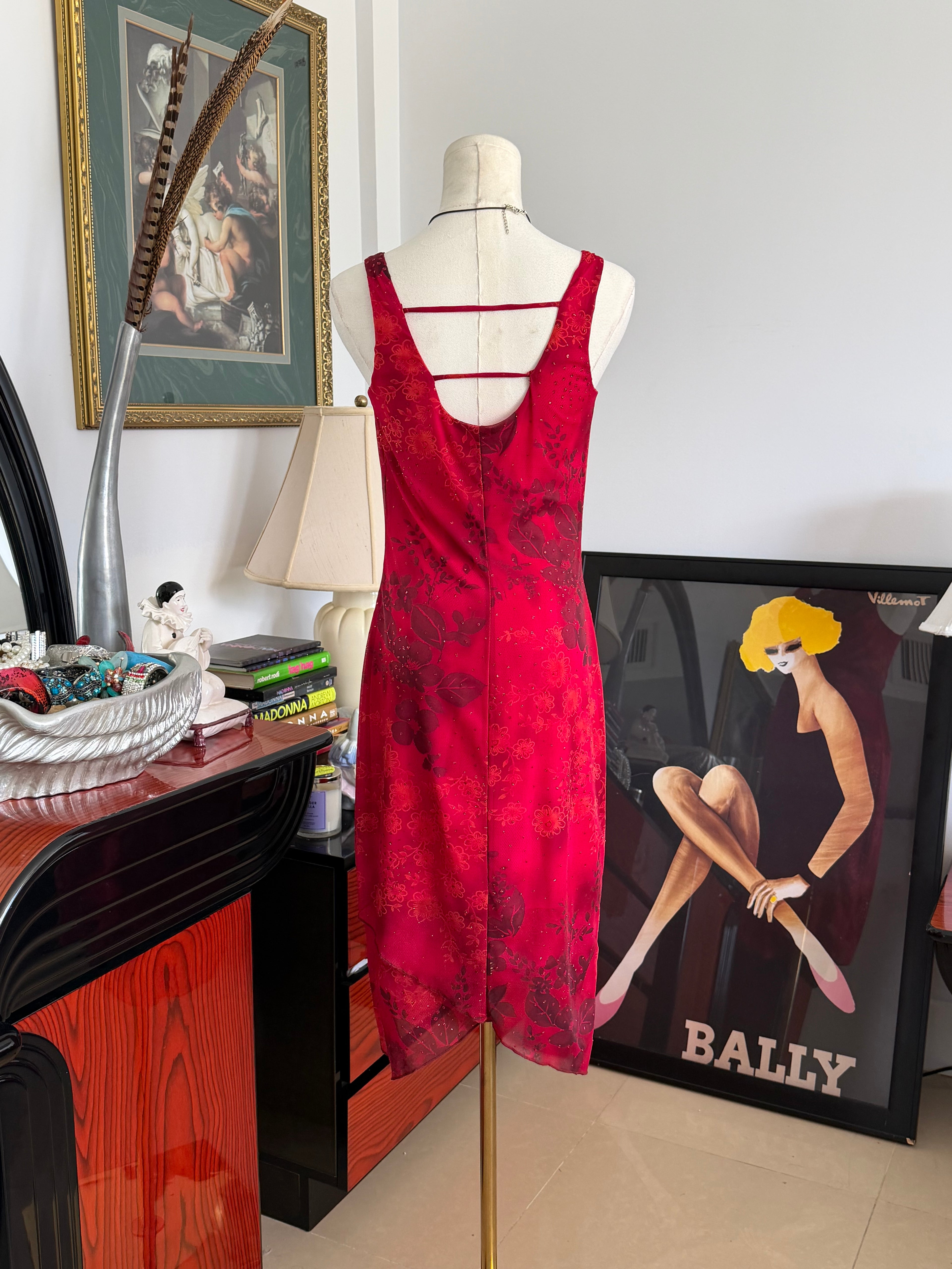 Vintage Y2K Red Floral Slip Dress