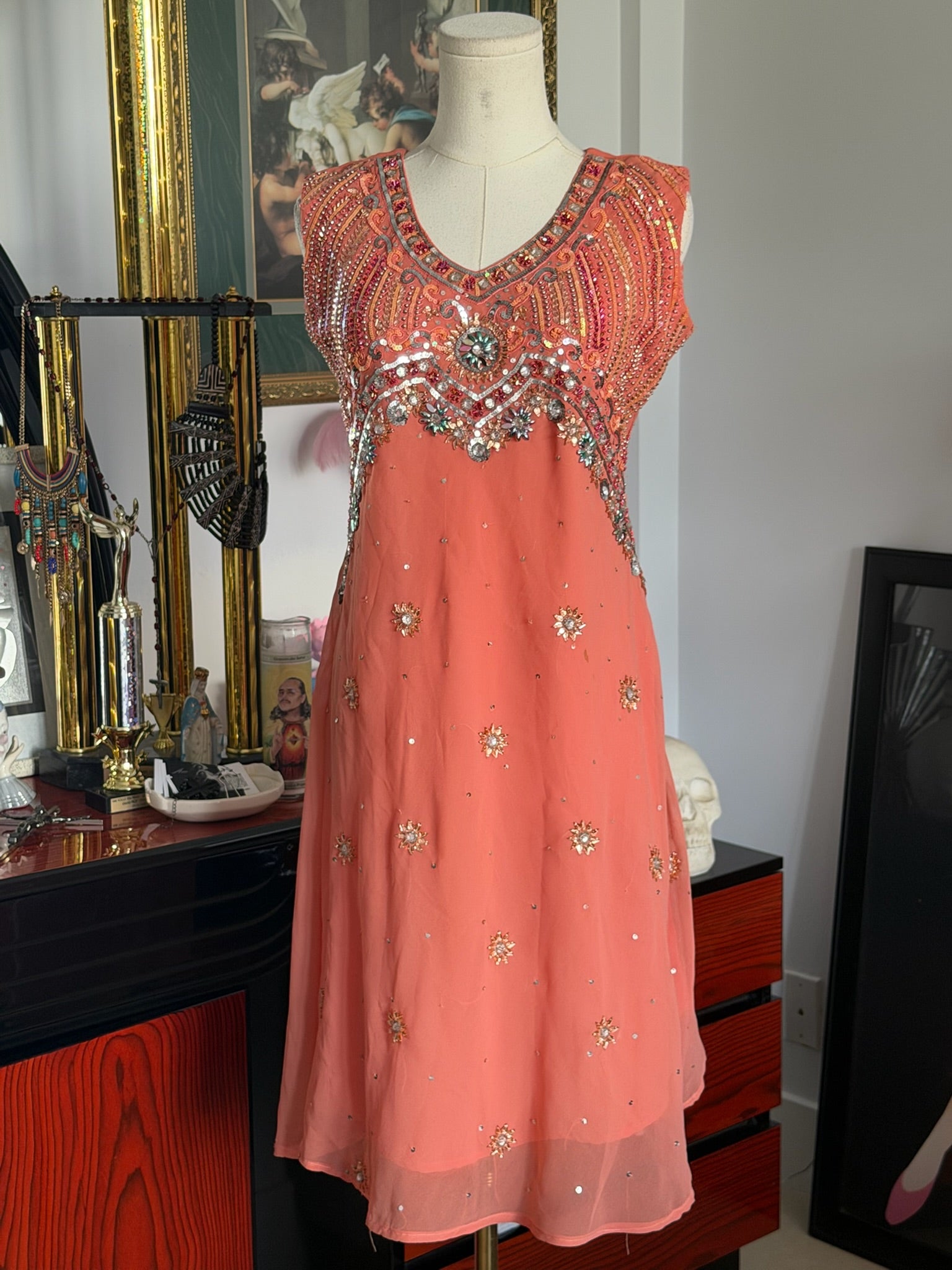 Vintage heavily beaded coral cocktail dress -M