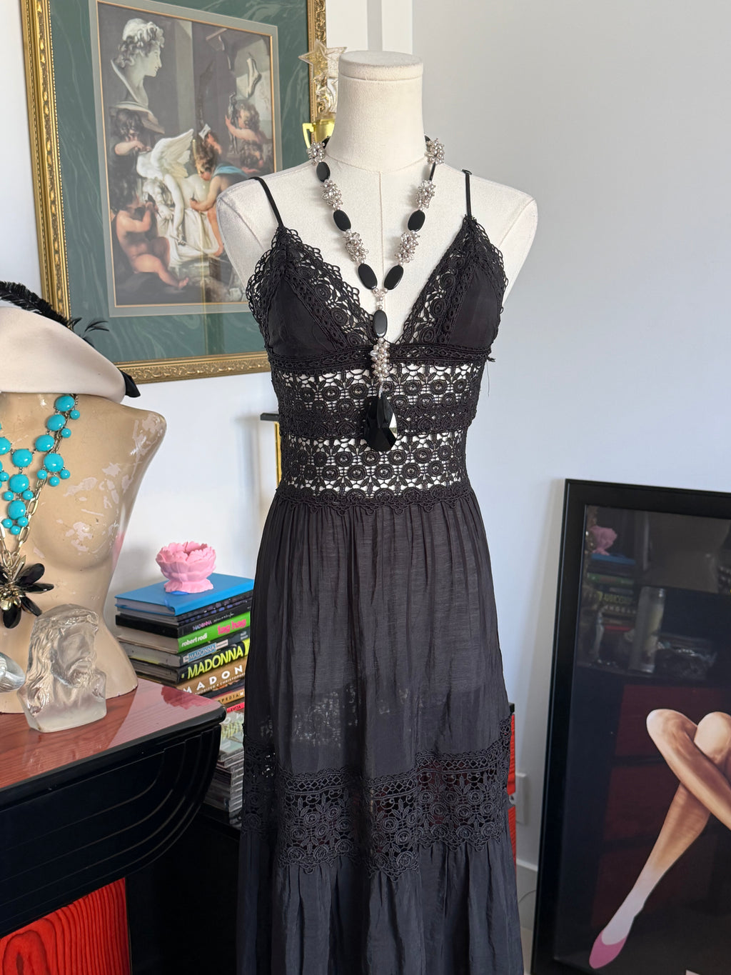 Vintage Black Crochet Lace Maxi Dress-xs