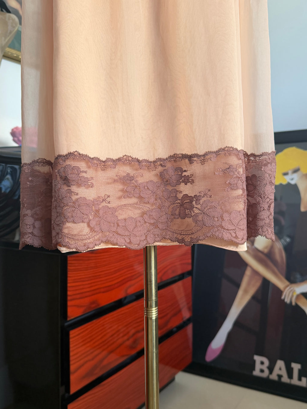 Vintage Made in USA Peach Chiffon Lace Slip Dress