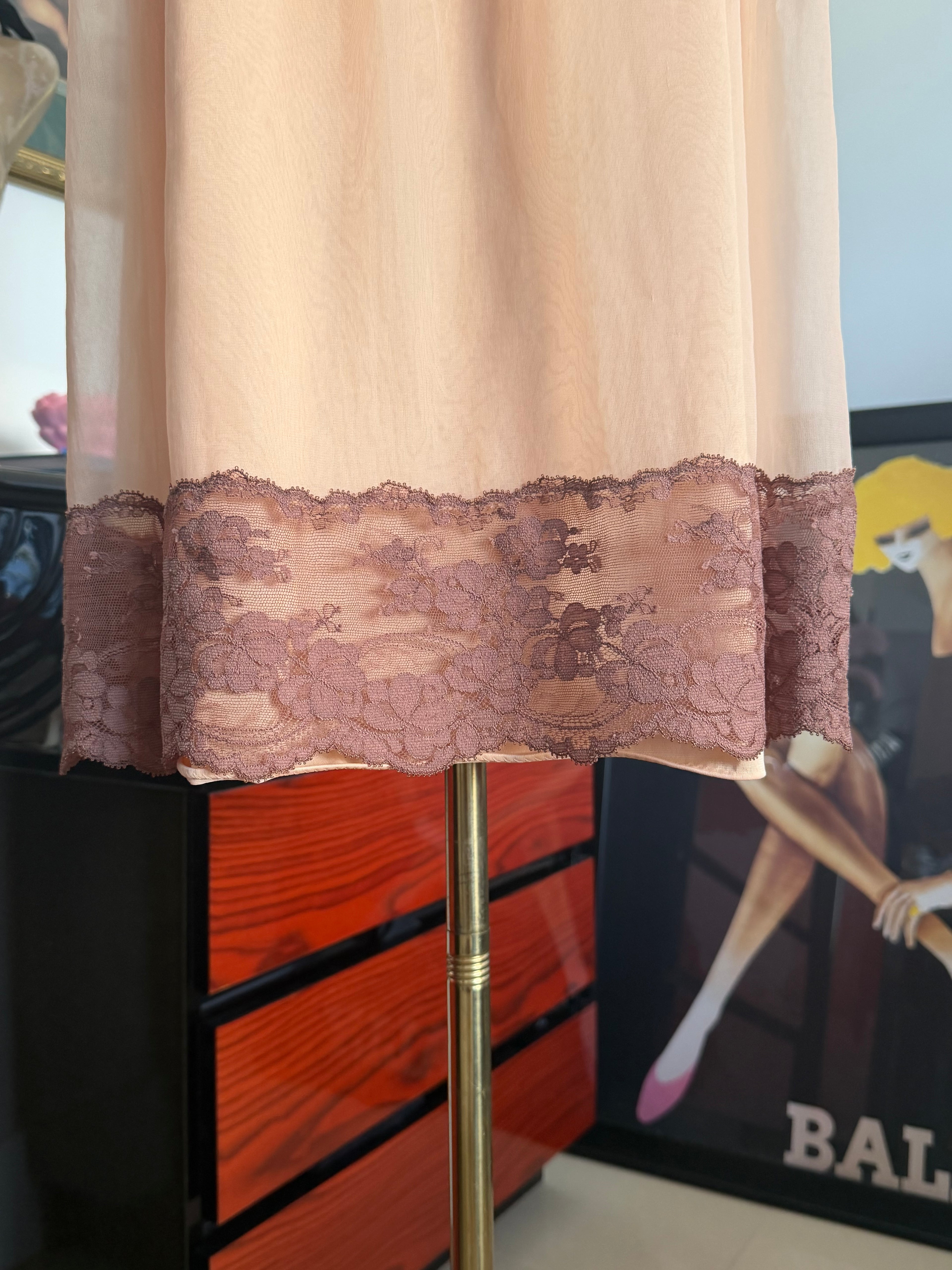 Vintage Made in USA Peach Chiffon Lace Slip Dress