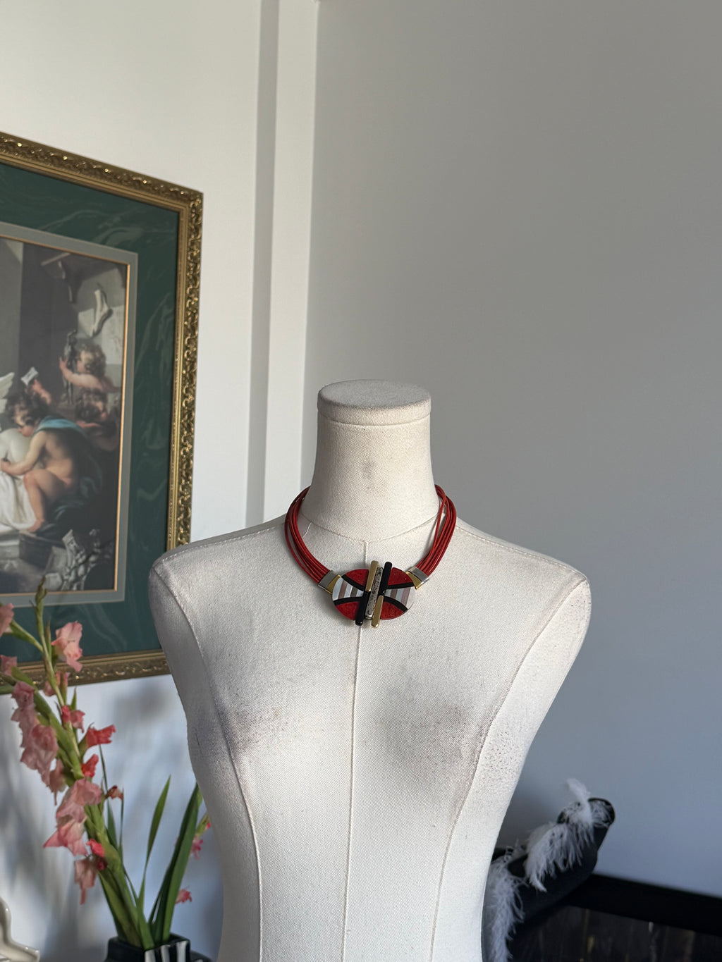 Red Geometric Multi-Strand Statement Necklace