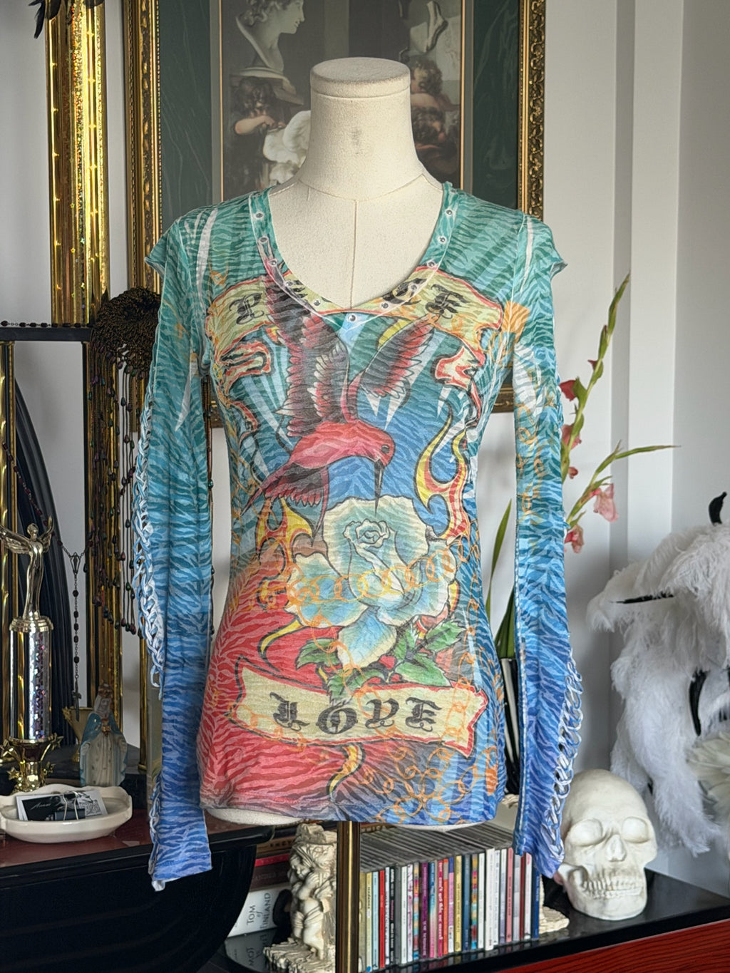 Y2K Tattoo Print Cutout Long Sleeve Top