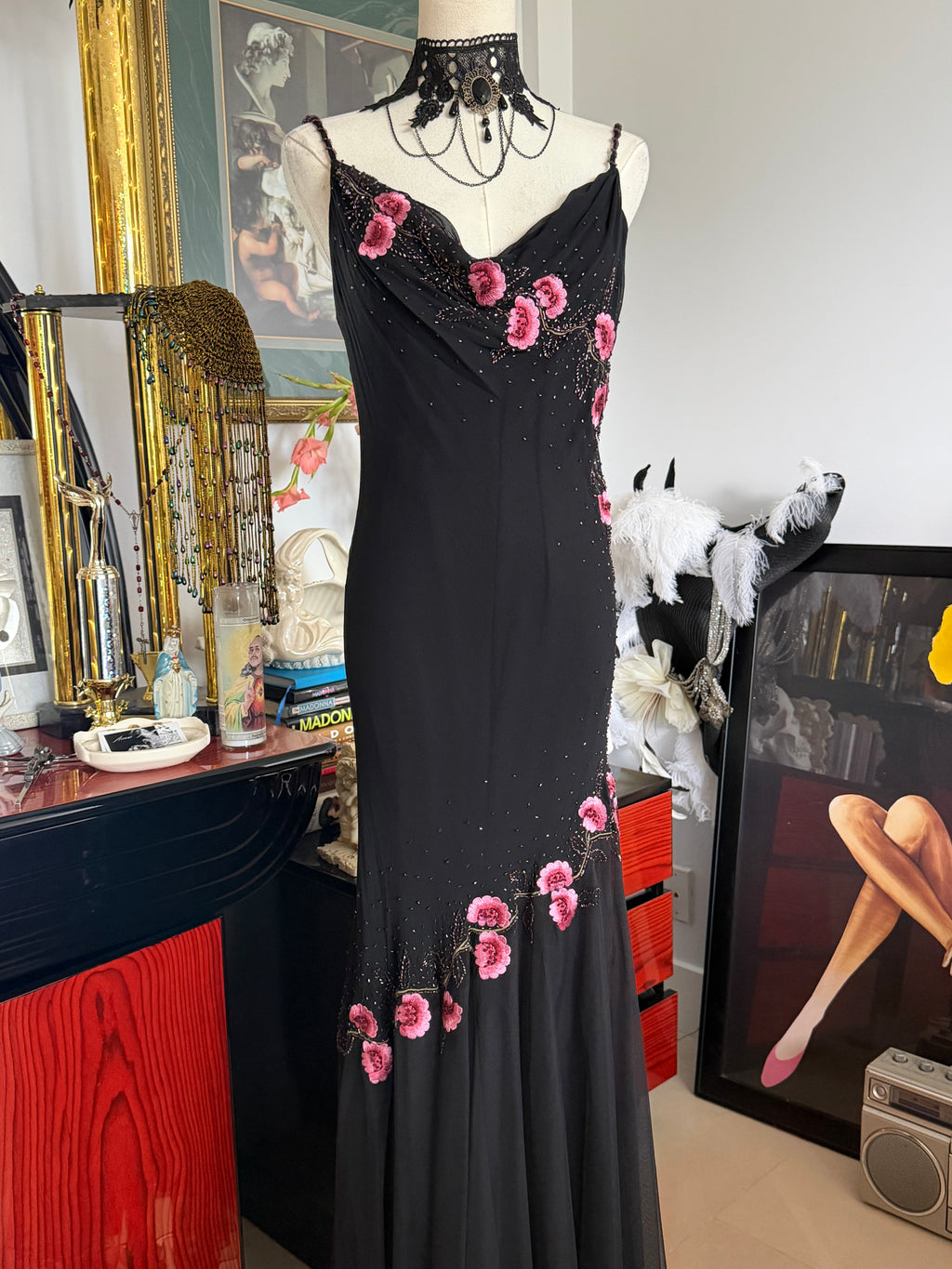 Vintage XSCAPE 100% Silk Black Pink Floral Beaded Gown