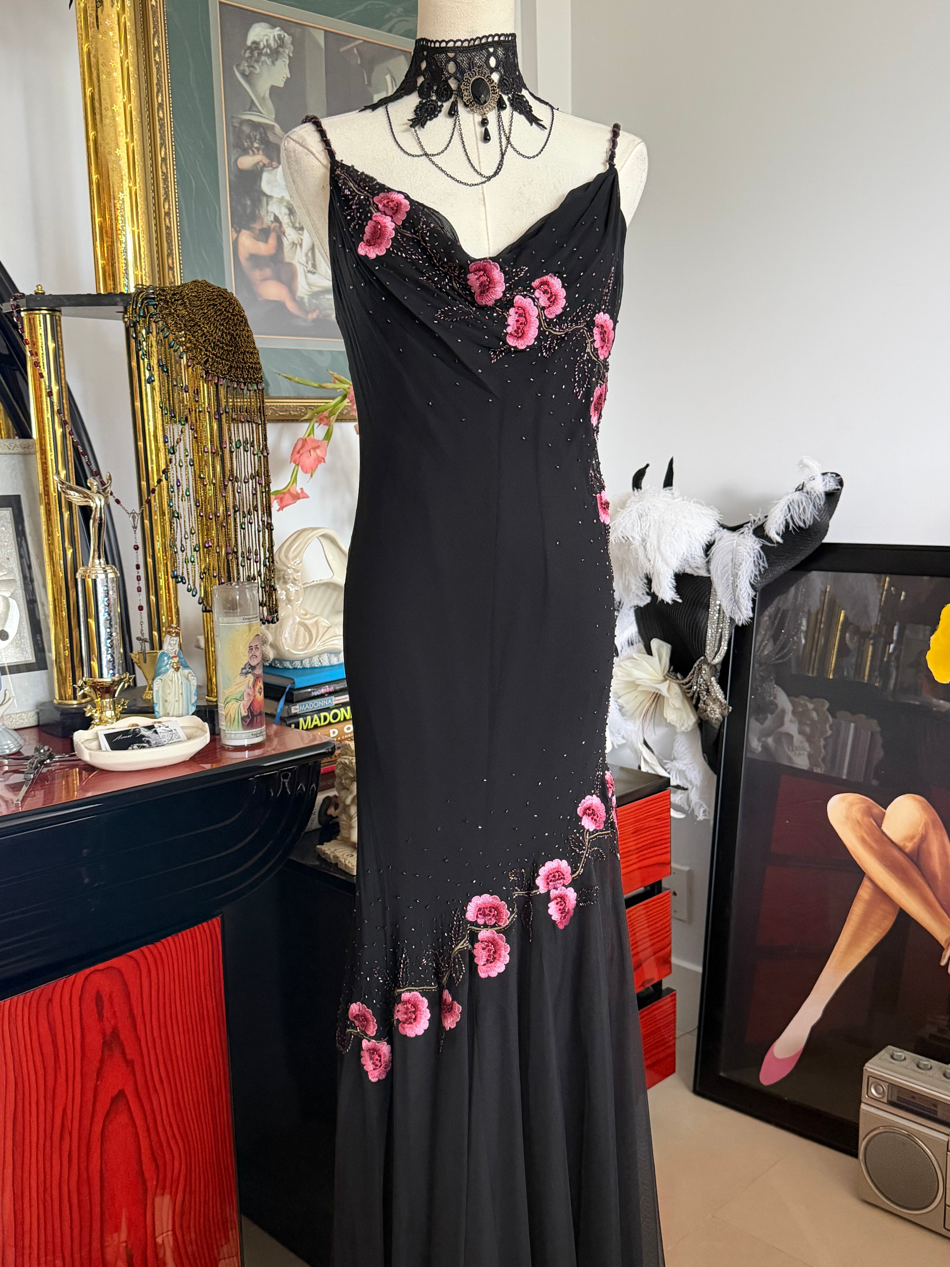 Vintage XSCAPE 100% Silk Black Pink Floral Beaded Gown