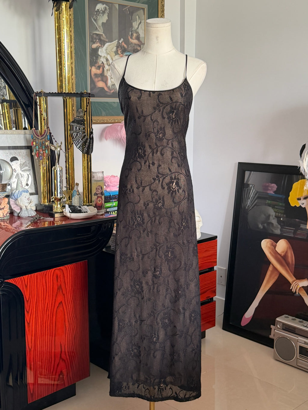 Vintage Sheer Black Lace Maxi Slip Dress | Open Crisscross Back | 90s Minimalist