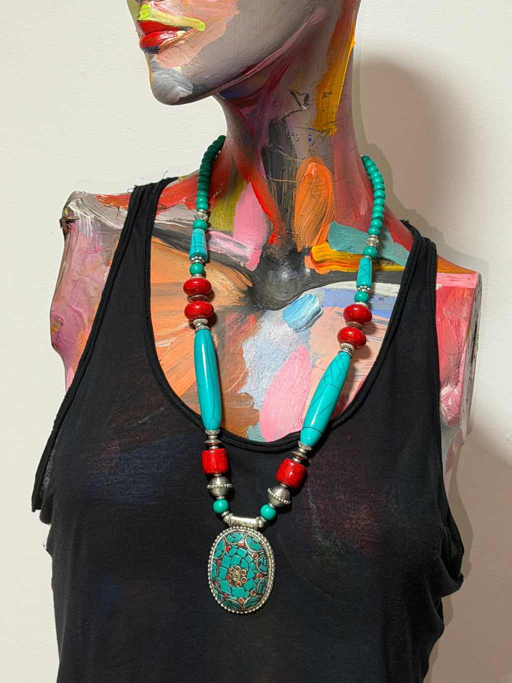 Vintage Turquoise Mosaic Pendant Statement Necklace