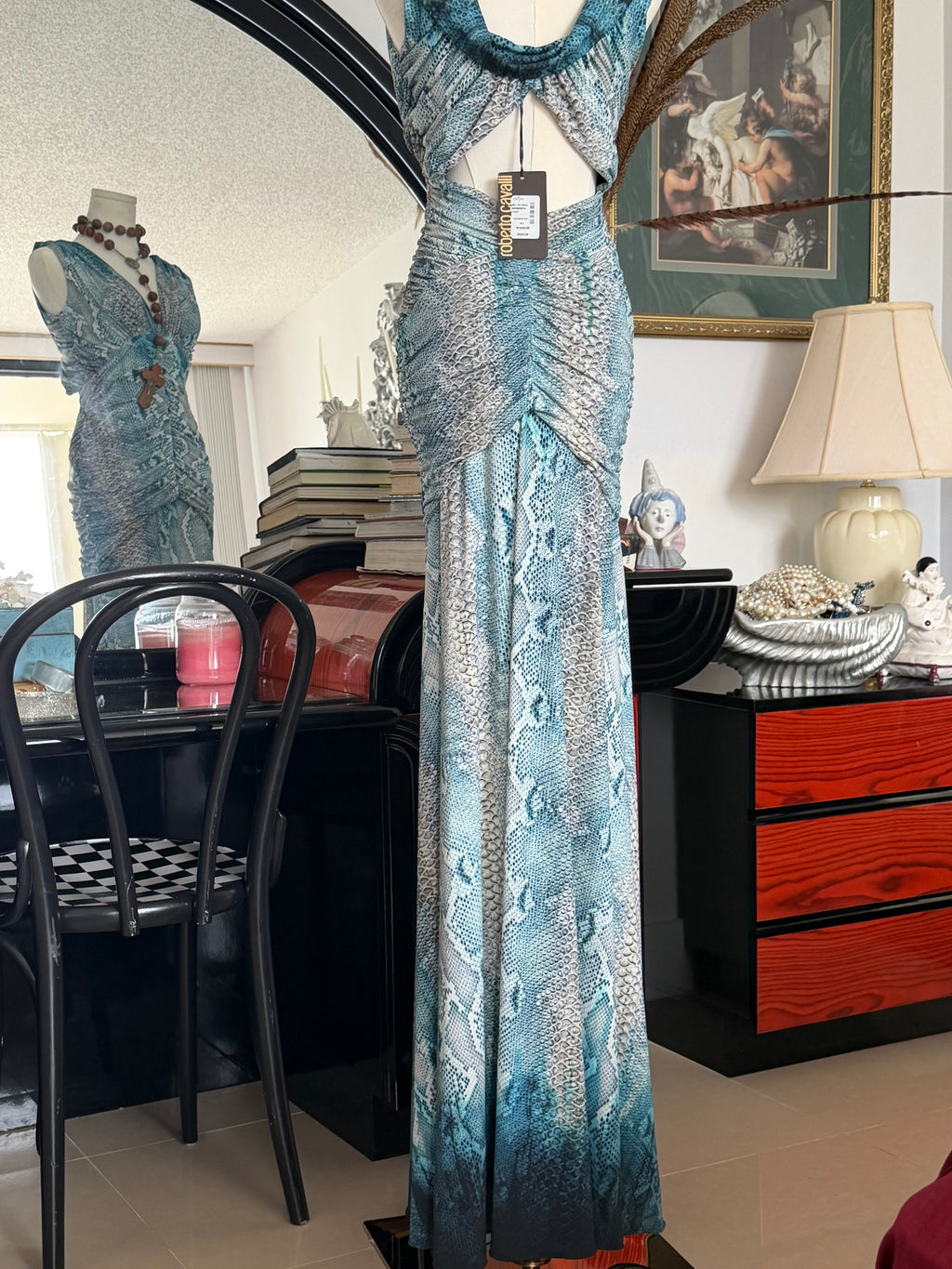 Roberto Cavalli 2005 Python Print Ruched Cut-Out Gown (NWT, Size S)