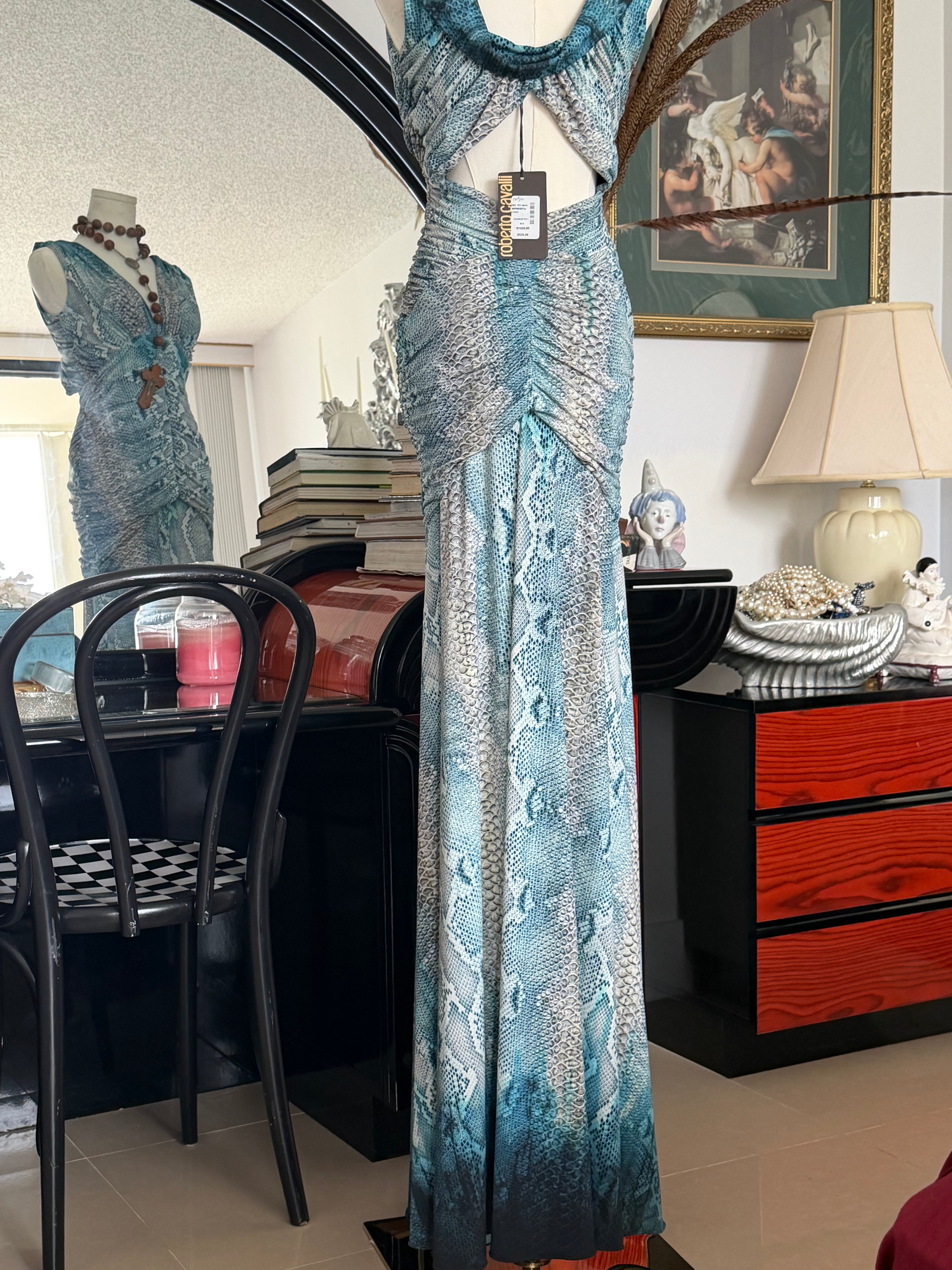 Roberto Cavalli 2005 Python Print Ruched Cut-Out Gown (NWT, Size S)