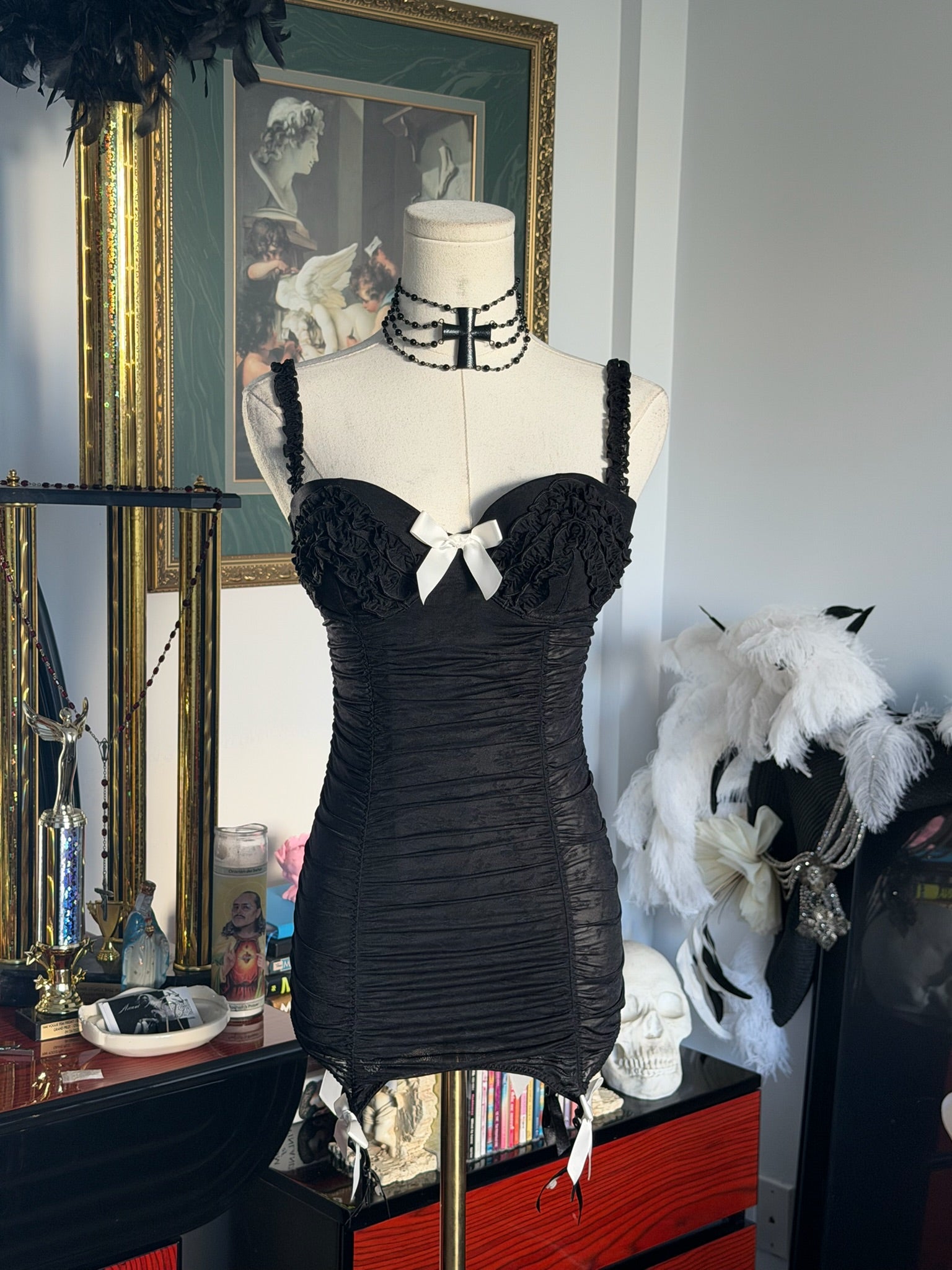 Vintage Victoria’s Secret Black Bustier Slip – Ruched Lace Lingerie Dress 34C