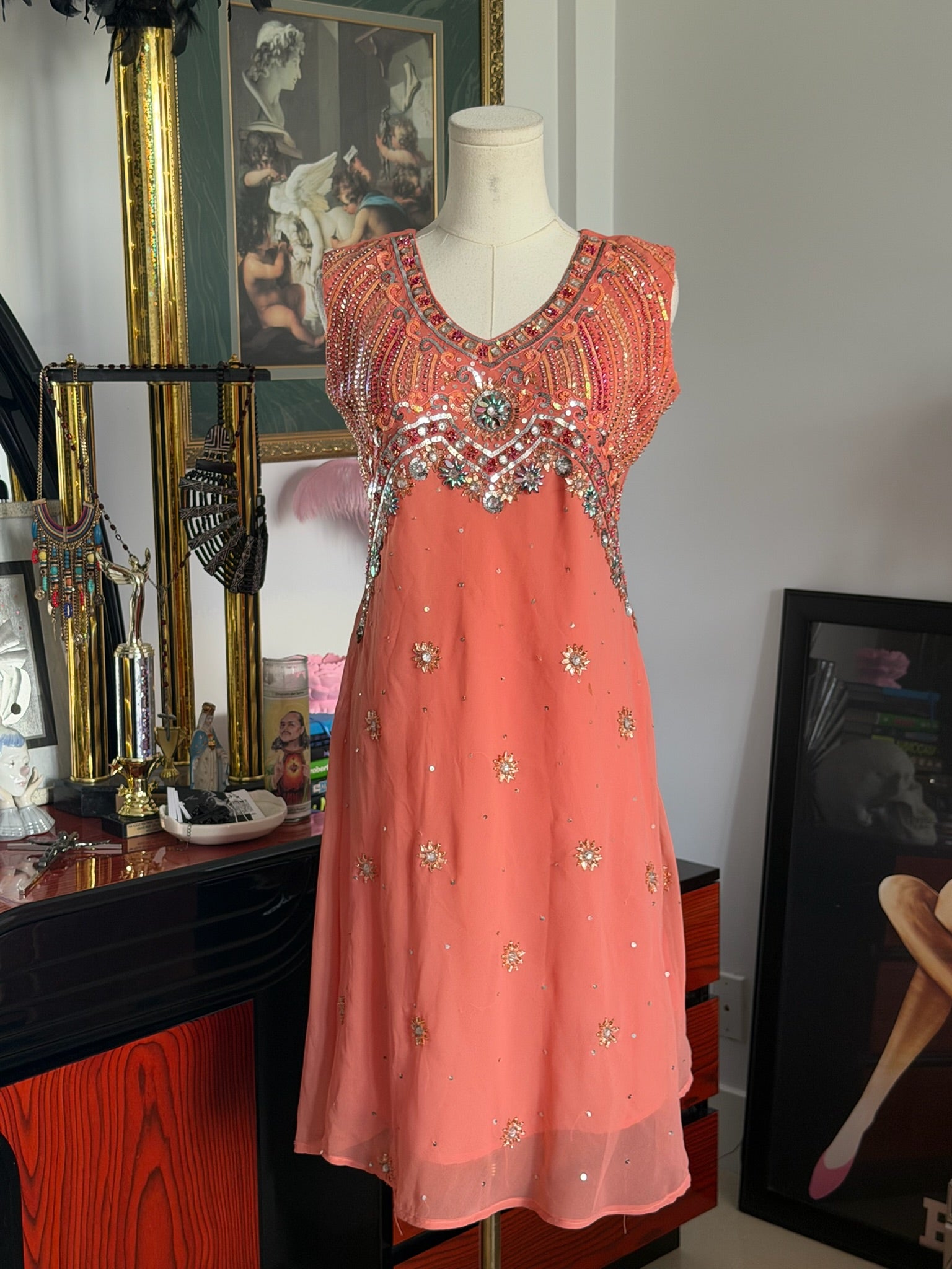 Vintage heavily beaded coral cocktail dress -M
