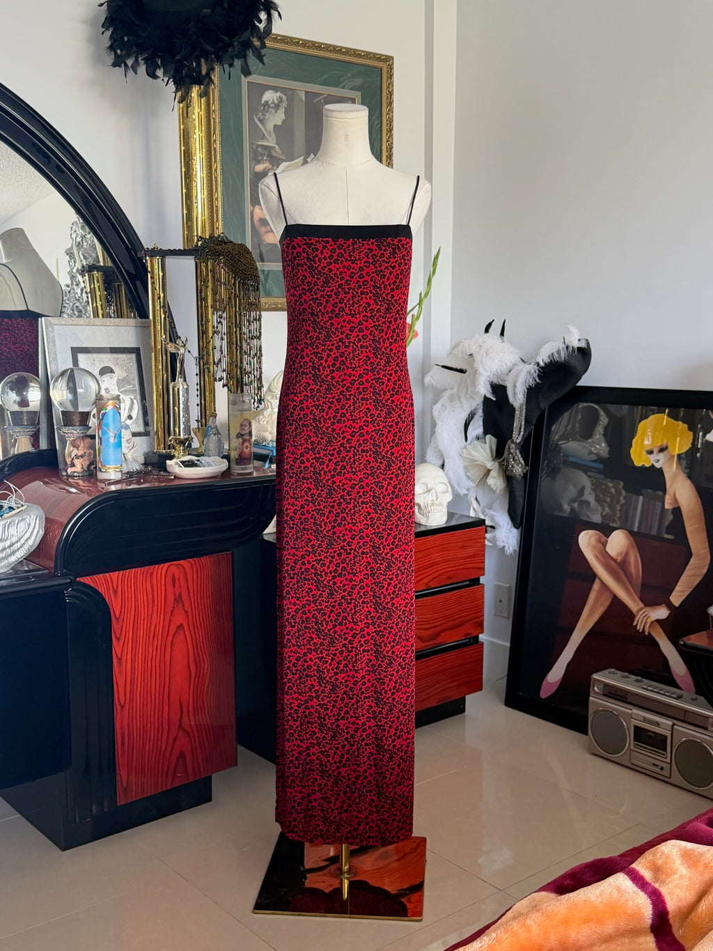 Y2K Red Leopard Print Maxi Slip Dress | DS by DMS | Body Skimming M-L