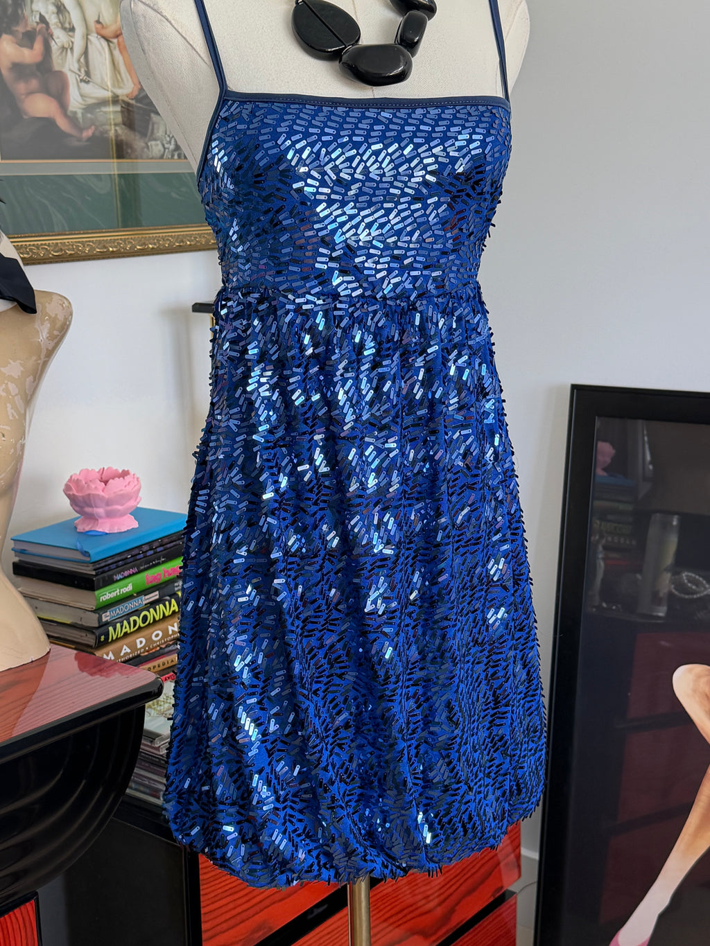 Vintage Y2K Blue Bugle Bead & Sequin Bubble Hem Dress | Made in USA | Medium