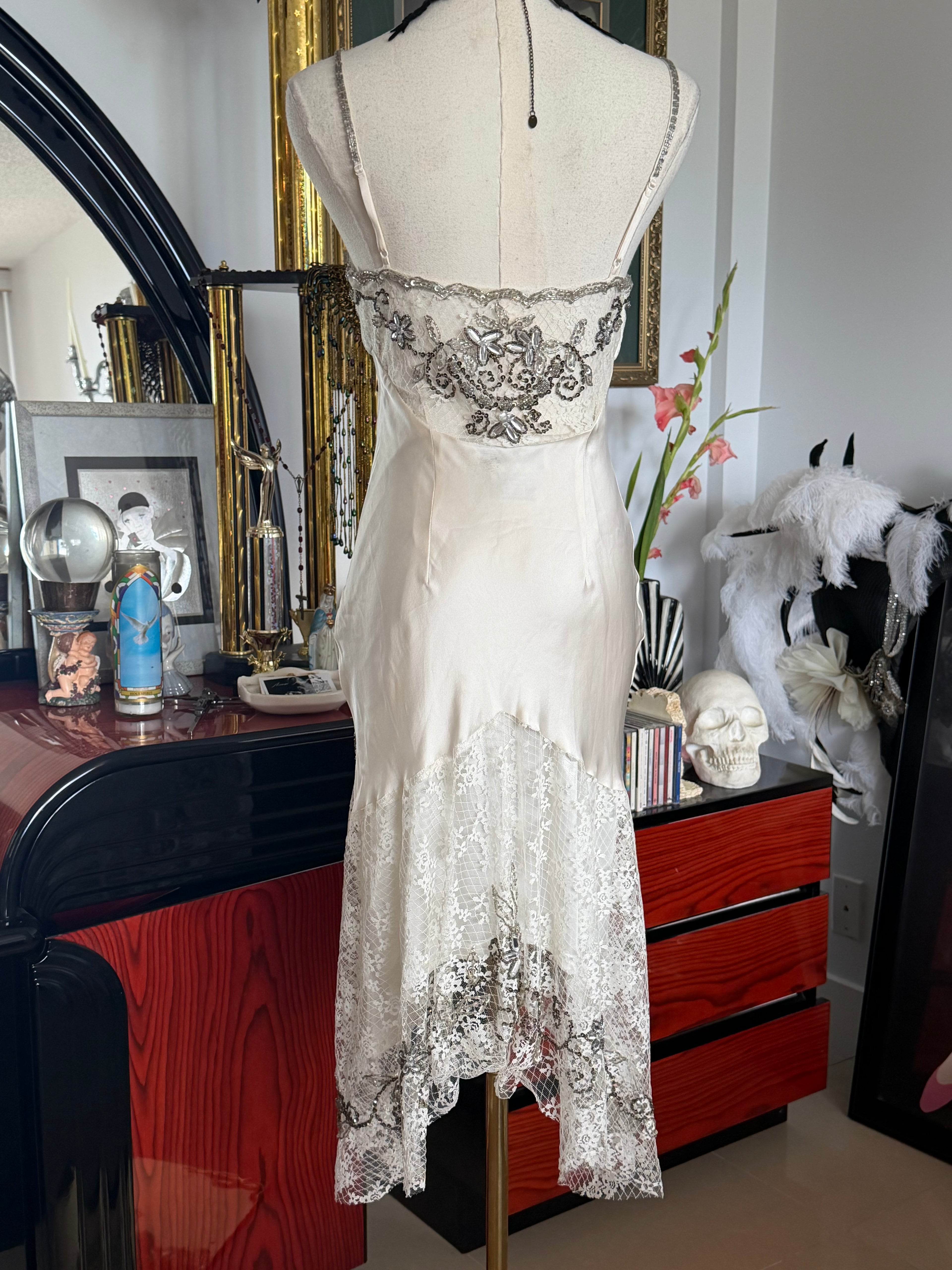 Vintage Sue Wong  Ivory Silk Beaded Lace Dress