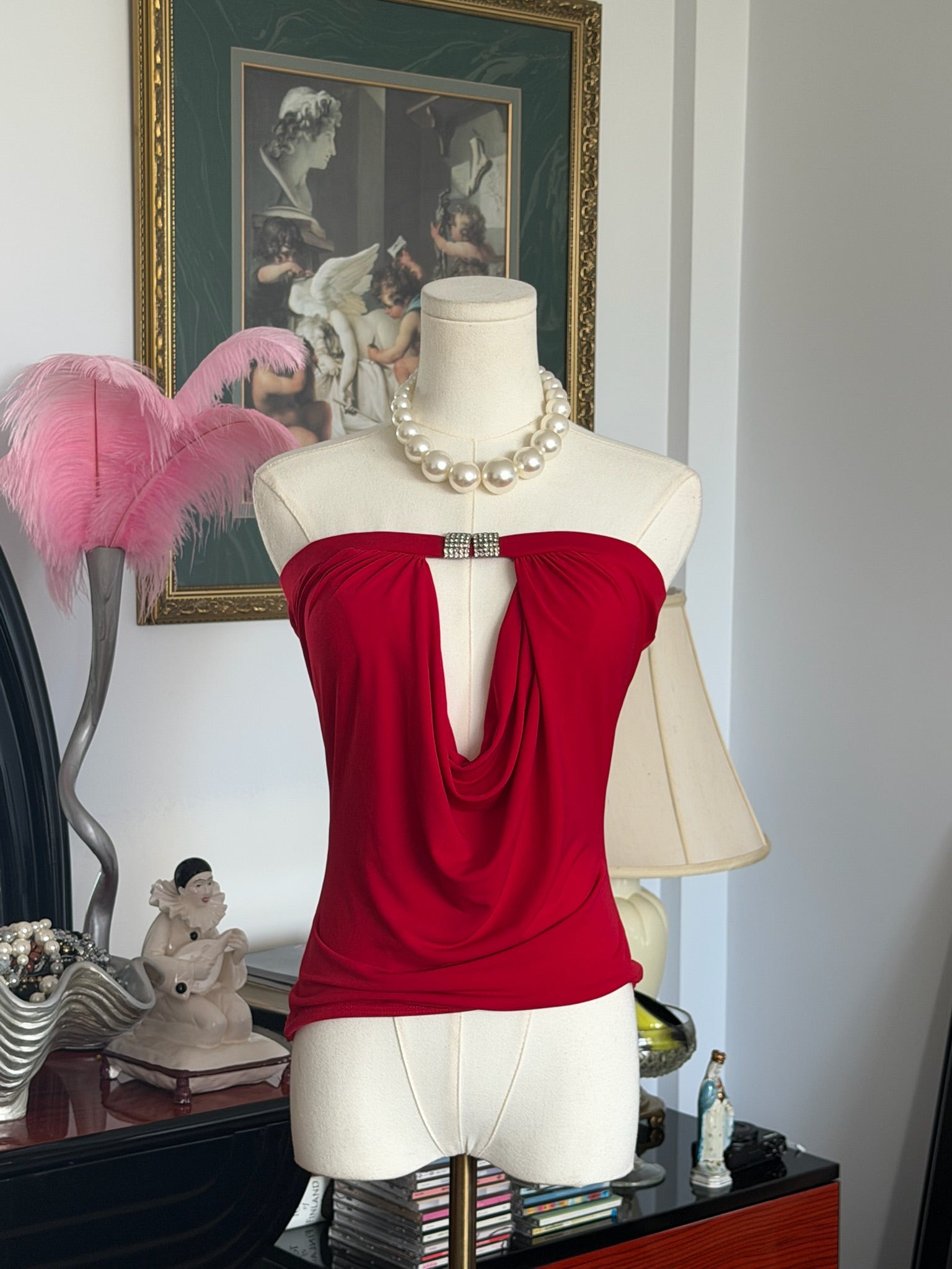 Red Strapless Draped Top S-M