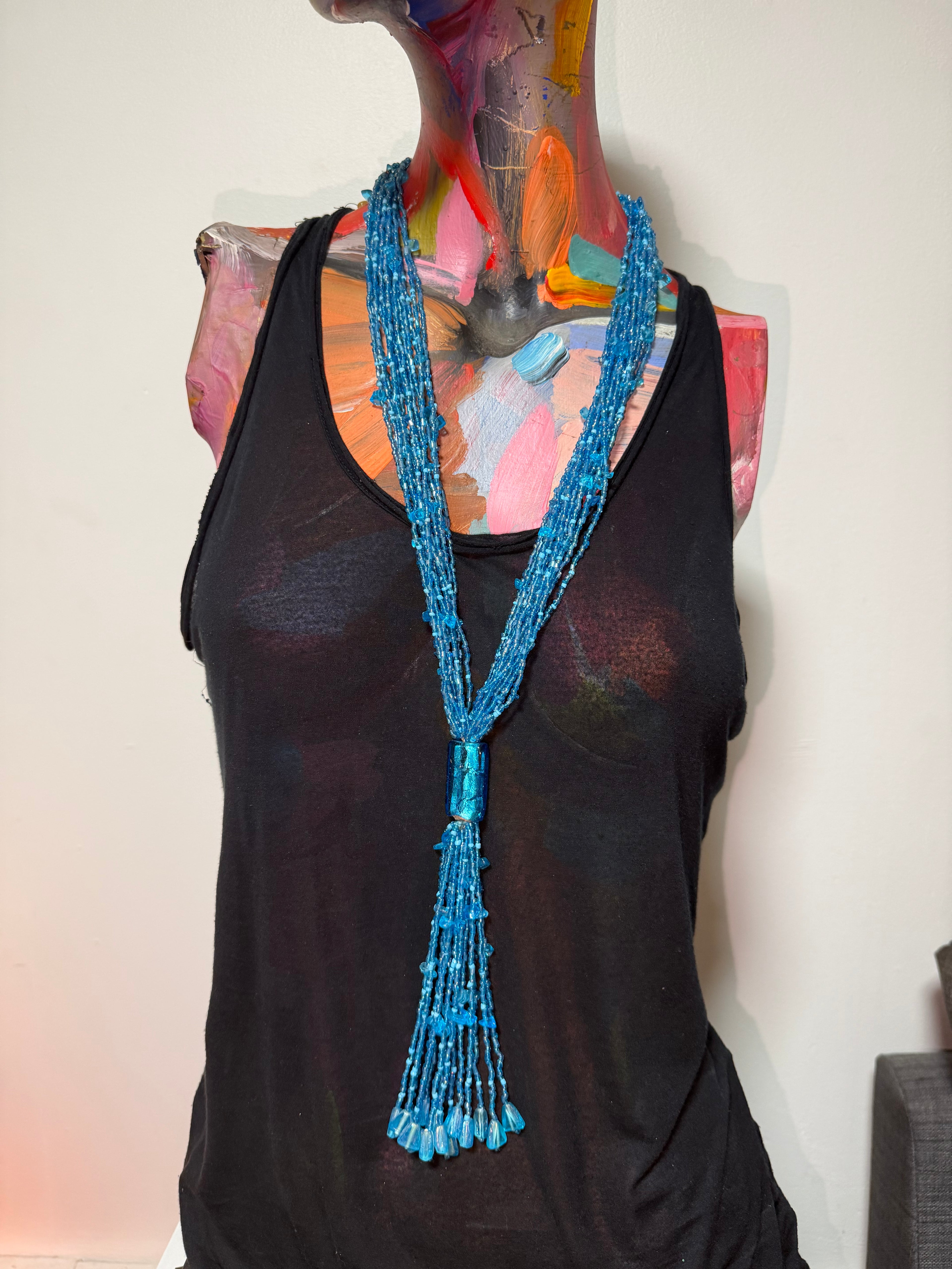 Vintage Cerulean Oracle Beaded Tassel Necklace