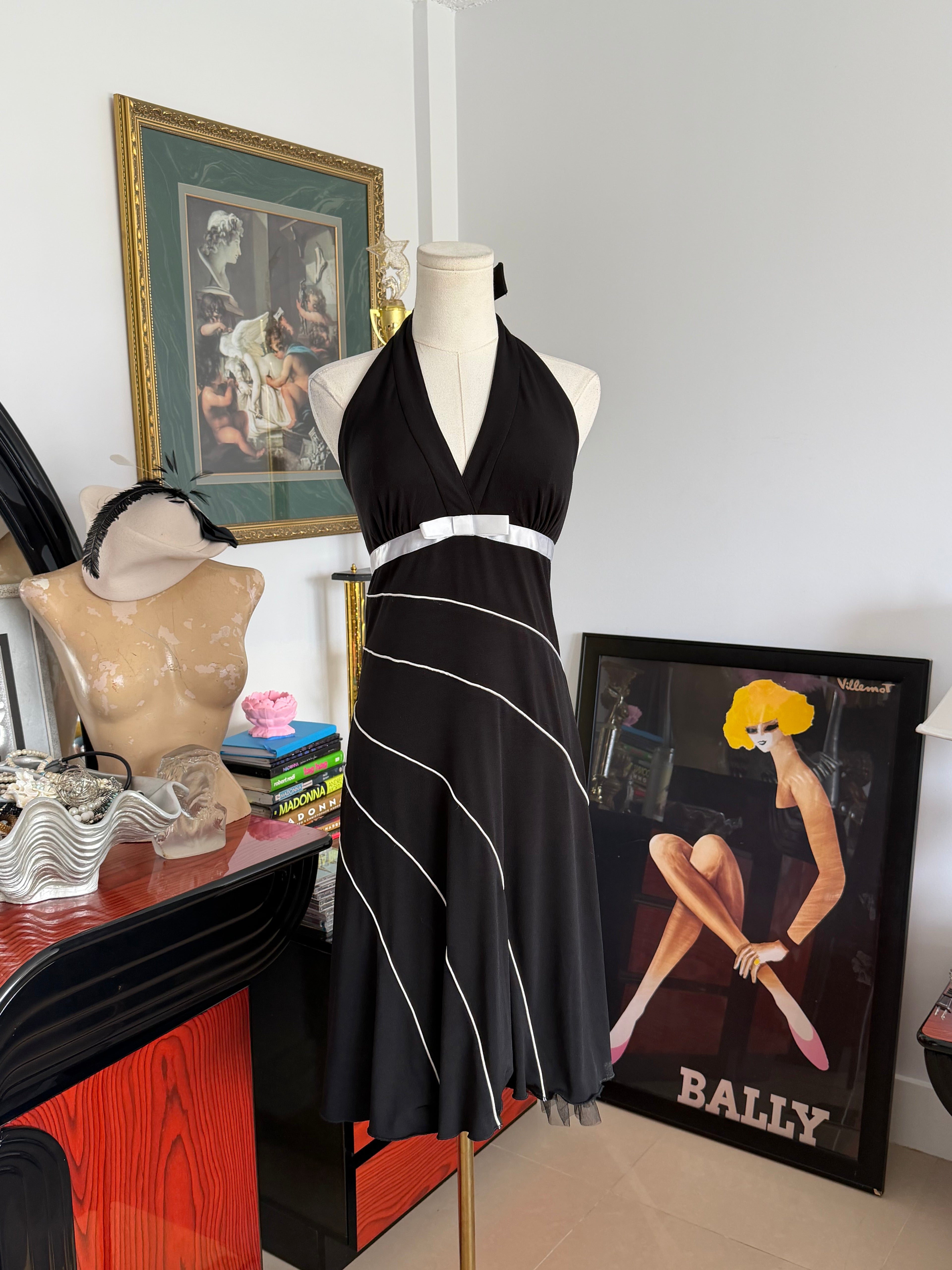 Vintage Rampage Black Halter Dress with White Ribbon Detail