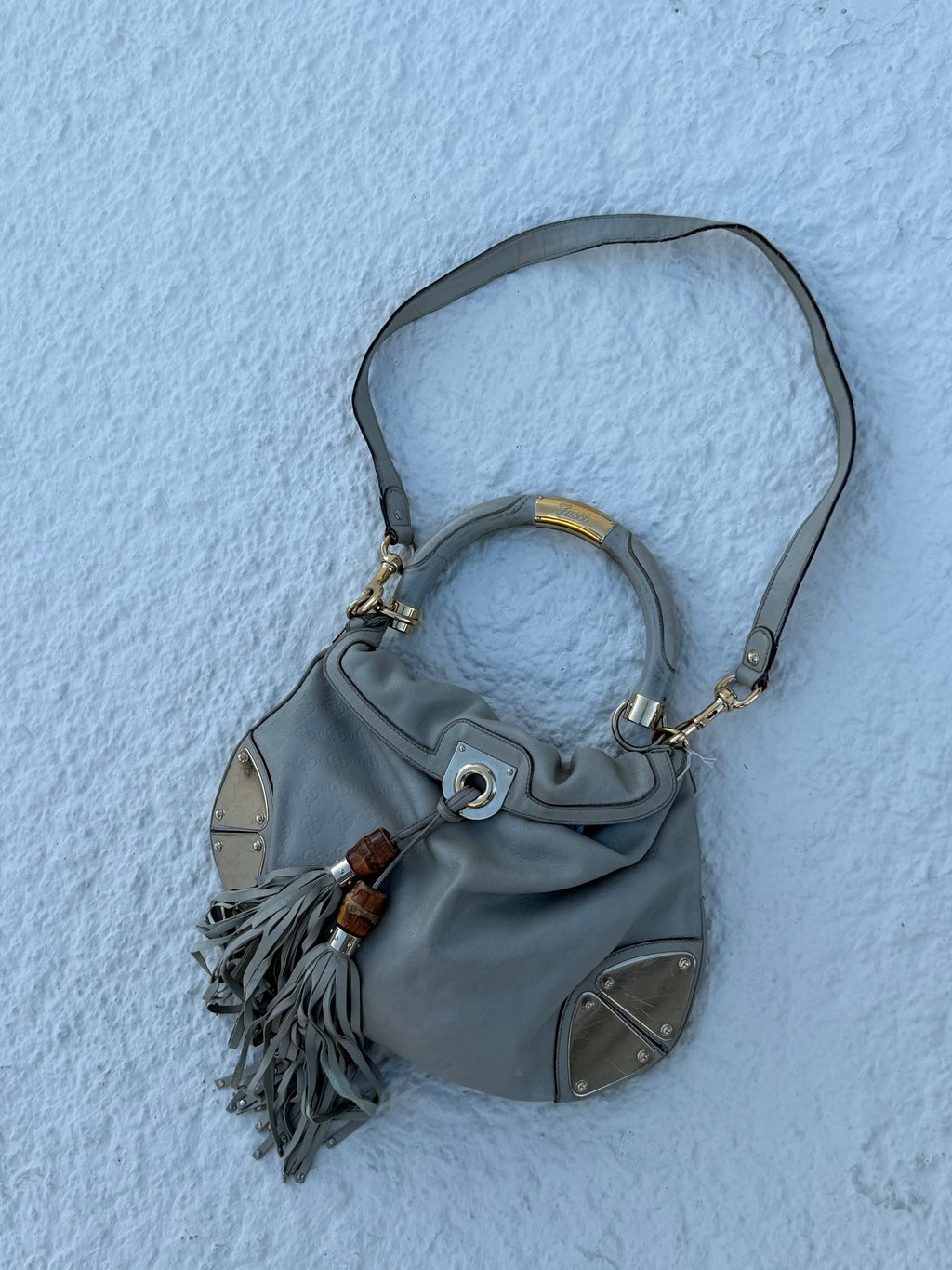 Gucci Indy Medium Hobo – Light Grey Guccissima Leather – Bamboo Tassels – Gold Hardware