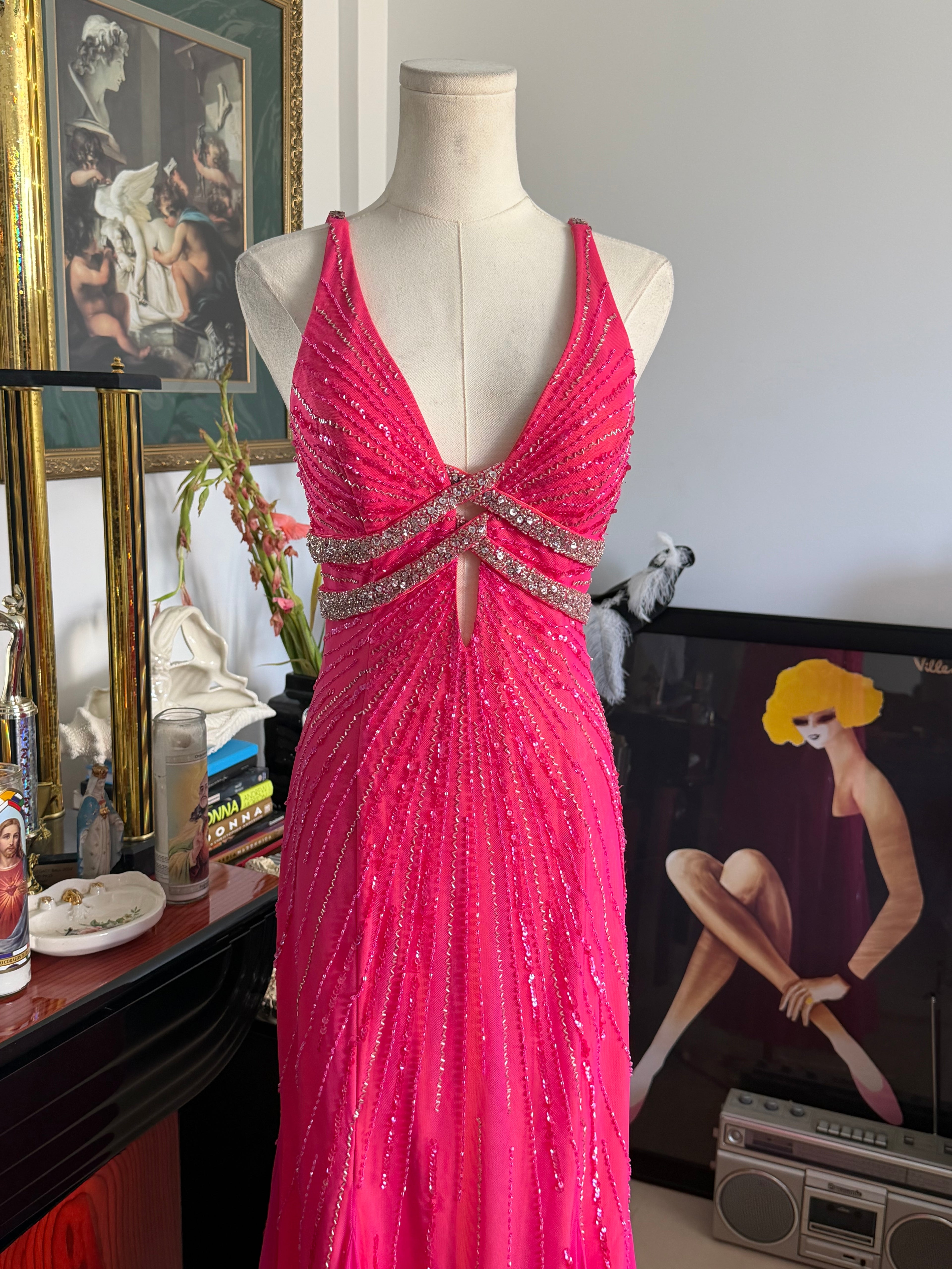 Cecily Brown Hot Pink Beaded Rhinestone Open Back Evening Gown