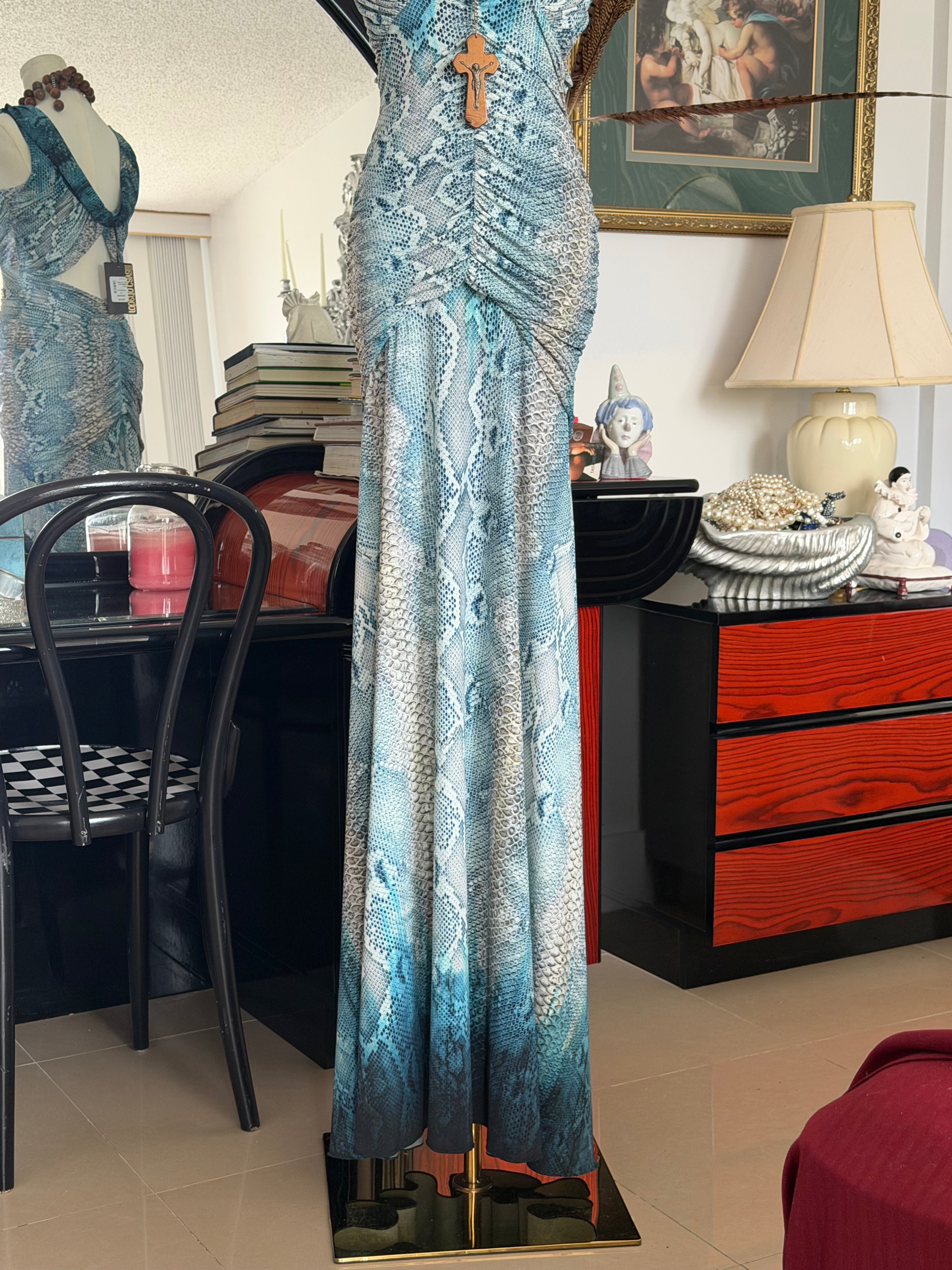 Roberto Cavalli 2005 Python Print Ruched Cut-Out Gown (NWT, Size S)