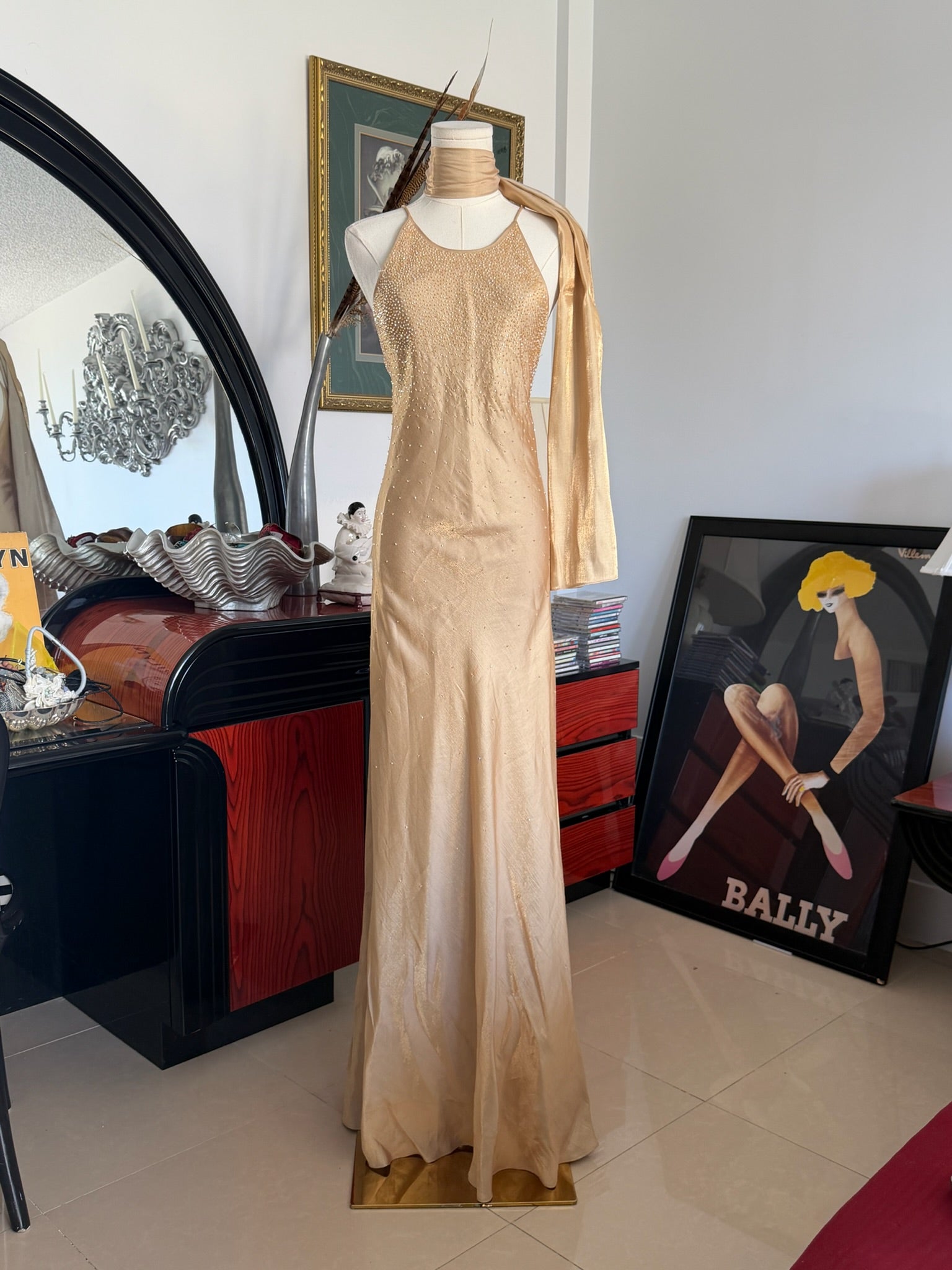 Champagne Gold Beaded Halter Gown + Scarf