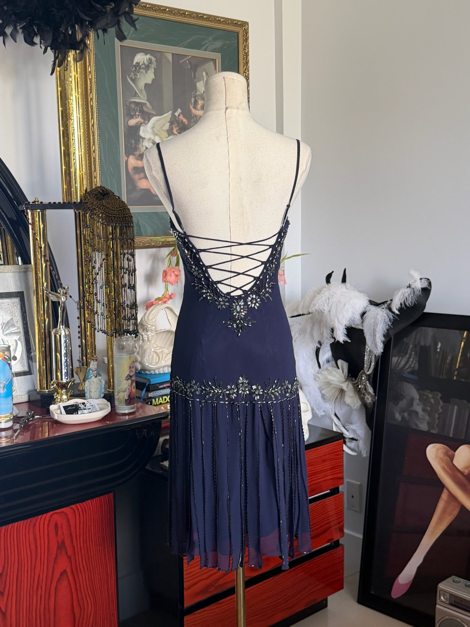 Vintage Sue Wong 100% silk navy beaded dress 2