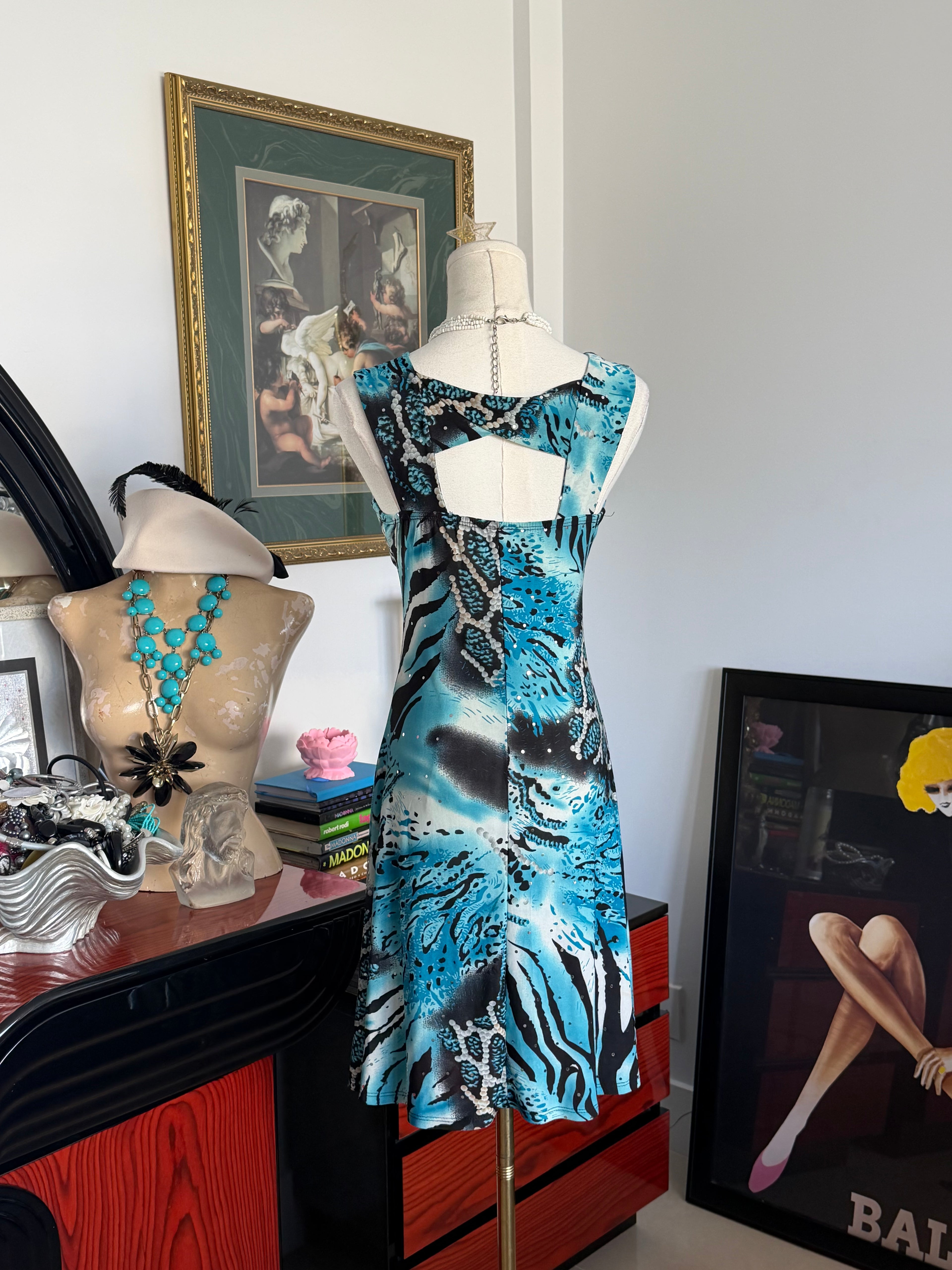 Y2K Turquoise Rhinestone Print Dress