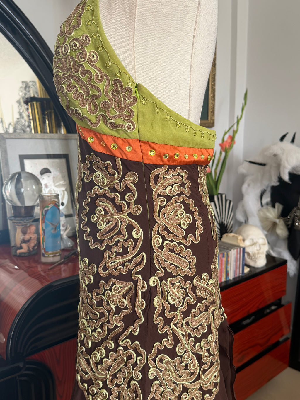 Vintage Sue Wong Couture 100% Silk Embroidered Halter Midi Dress | Size 6