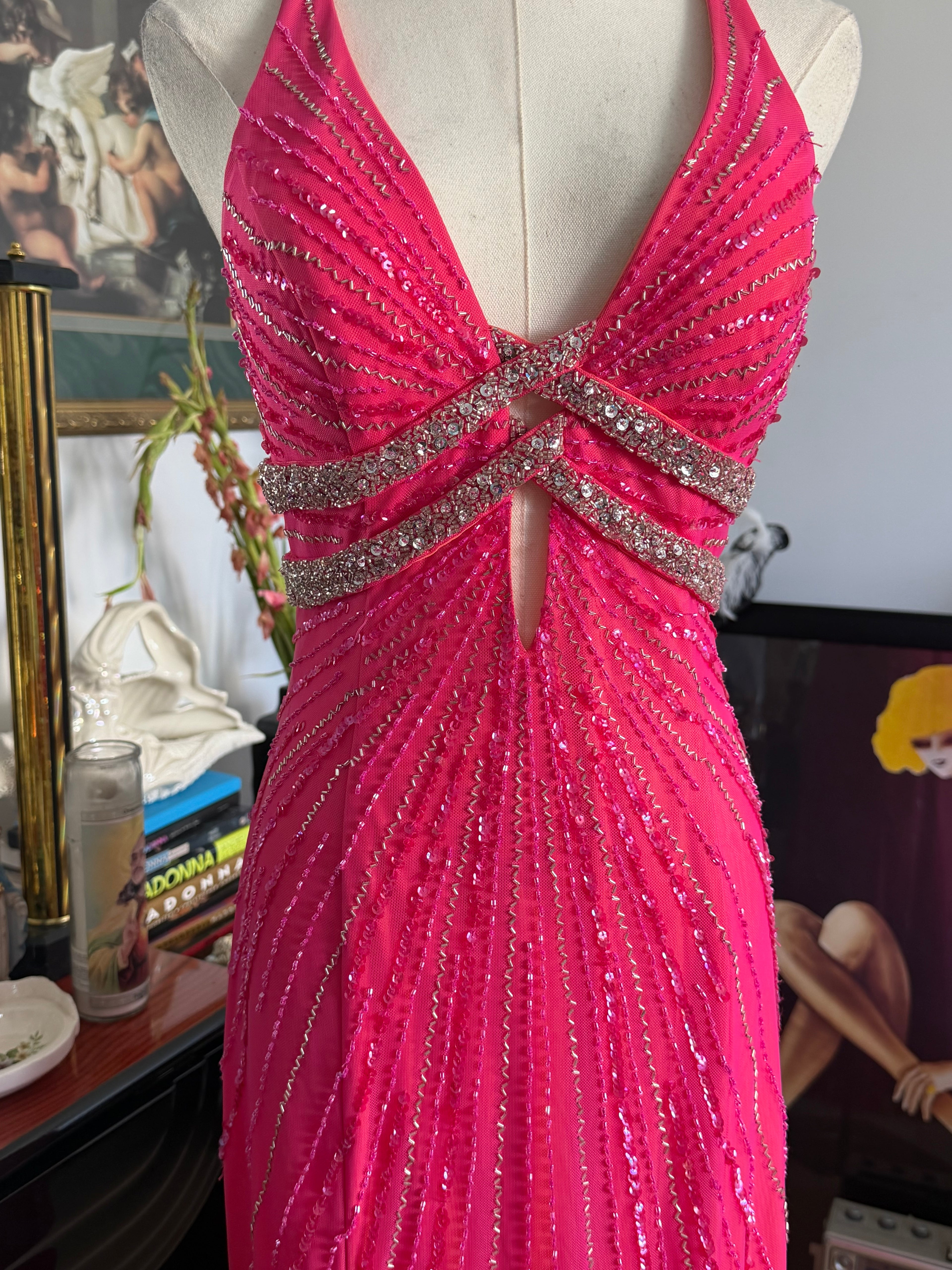Cecily Brown Hot Pink Beaded Rhinestone Open Back Evening Gown