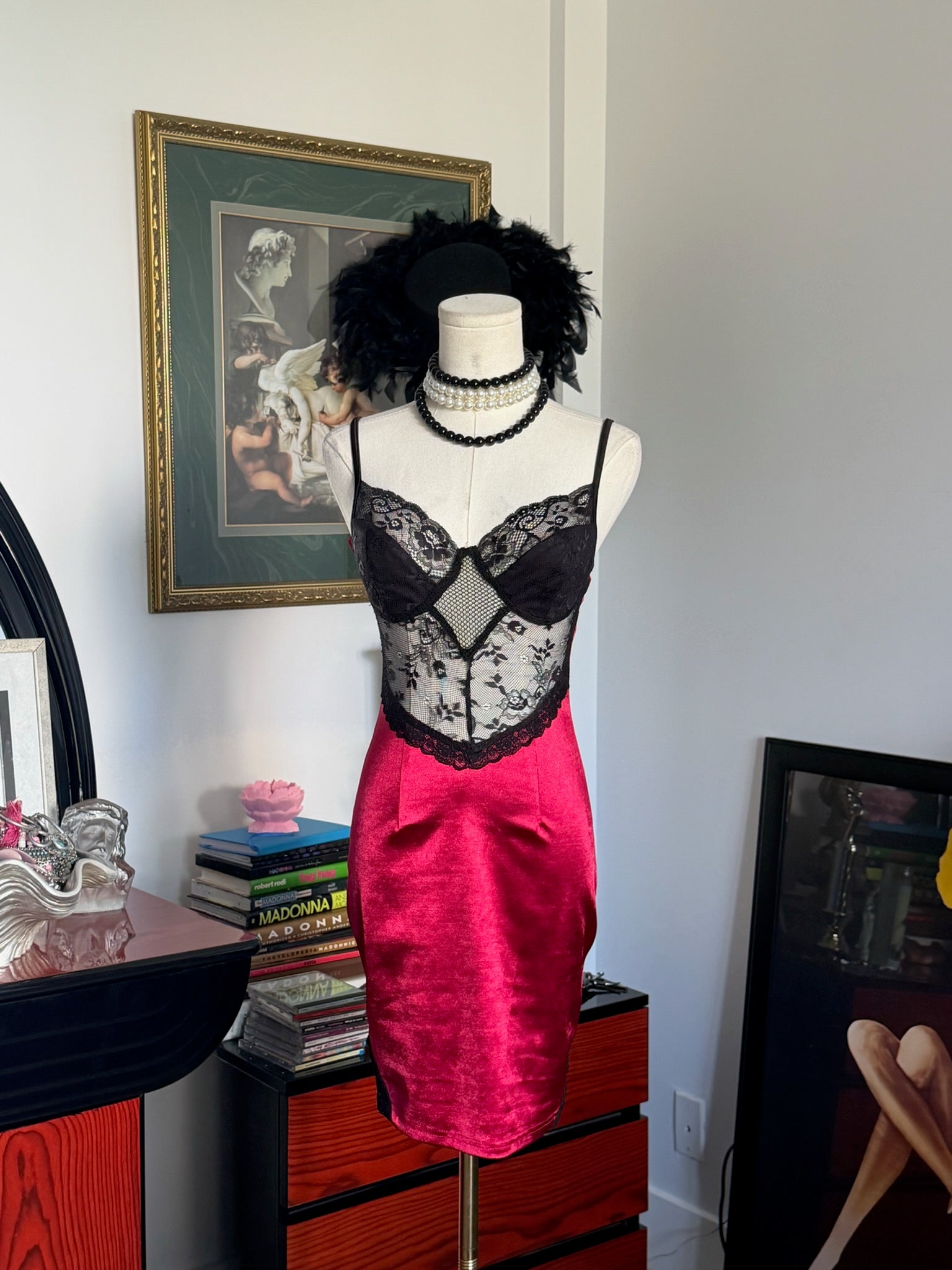 CEFIAN Lace Corset Satin Slip Dress – Black & Ruby Red | Size S