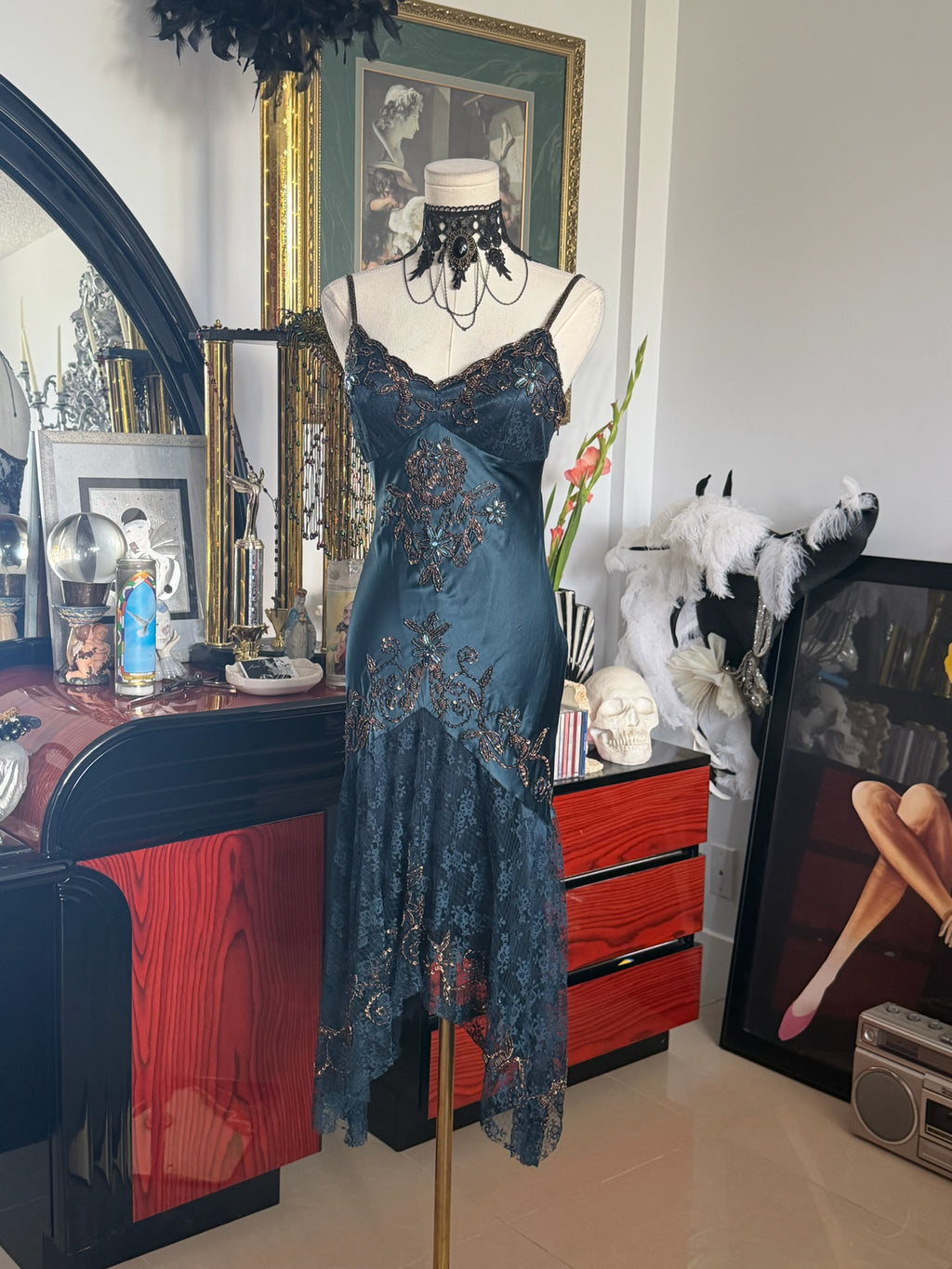 Cache Teal Beaded Lace Slip Dress 2