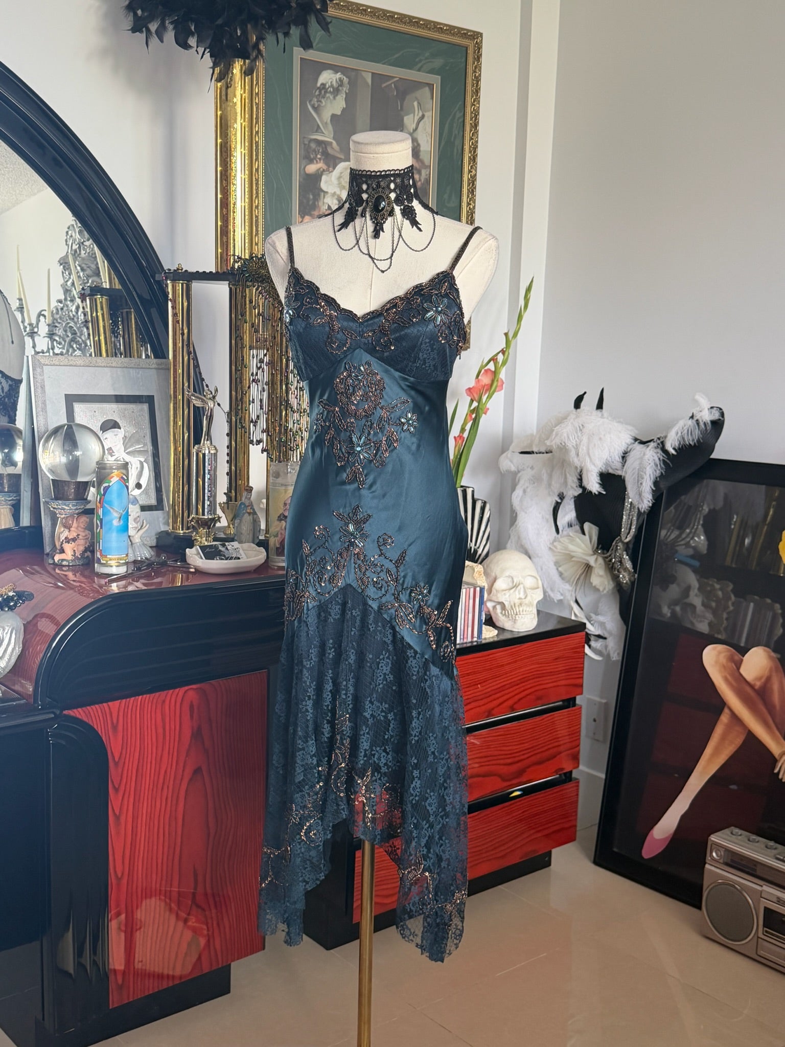 Cache Teal Beaded Lace Slip Dress 2