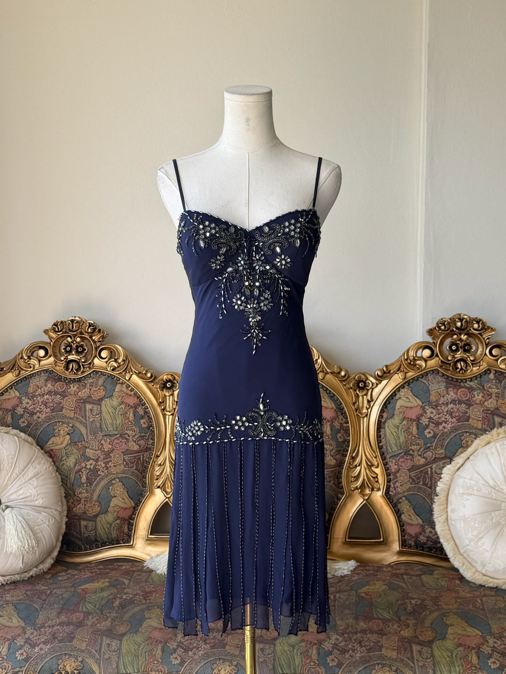 Vintage Sue Wong 100% silk navy beaded dress 2