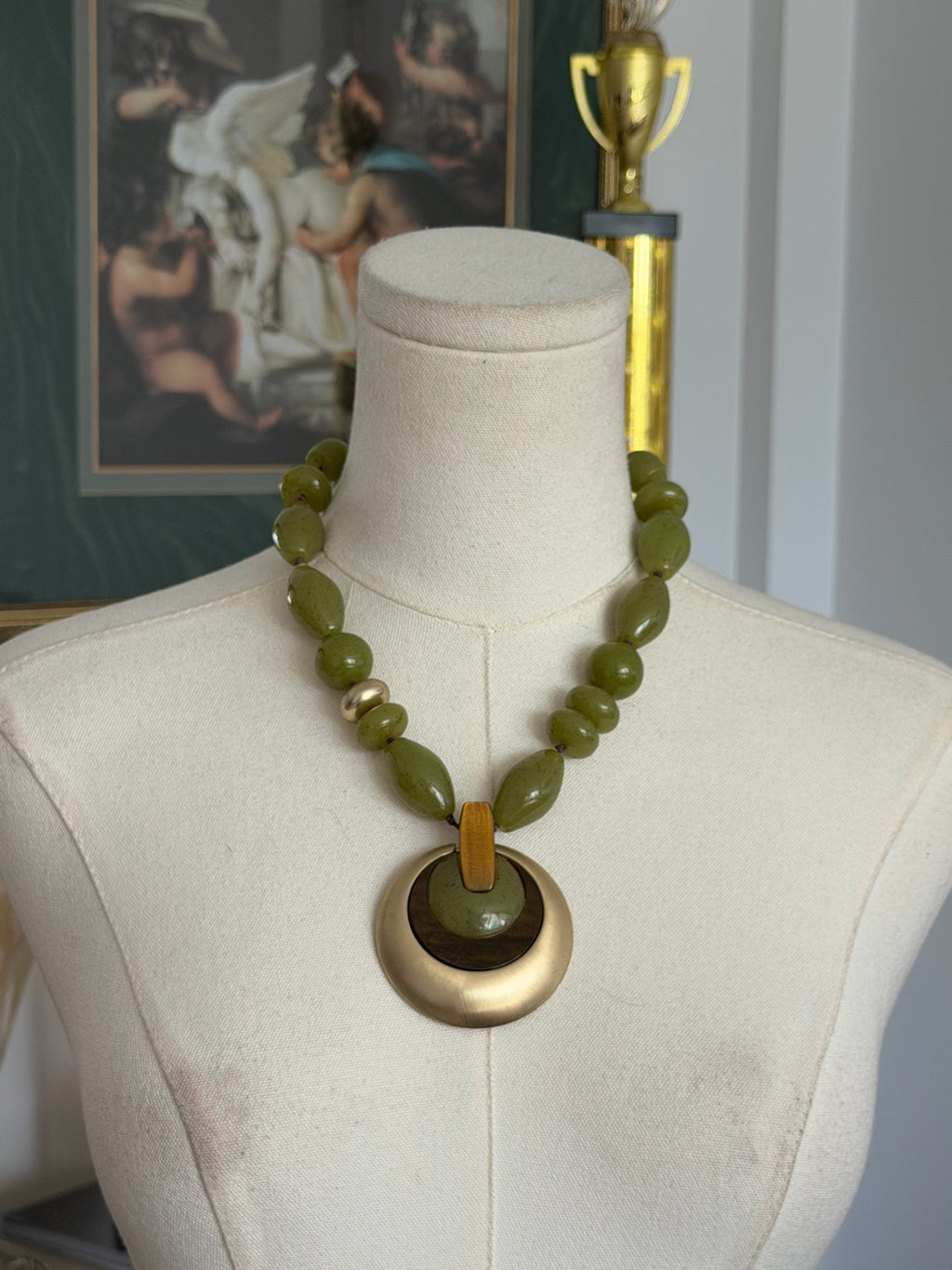 Earthy olive green sculptural statement necklace