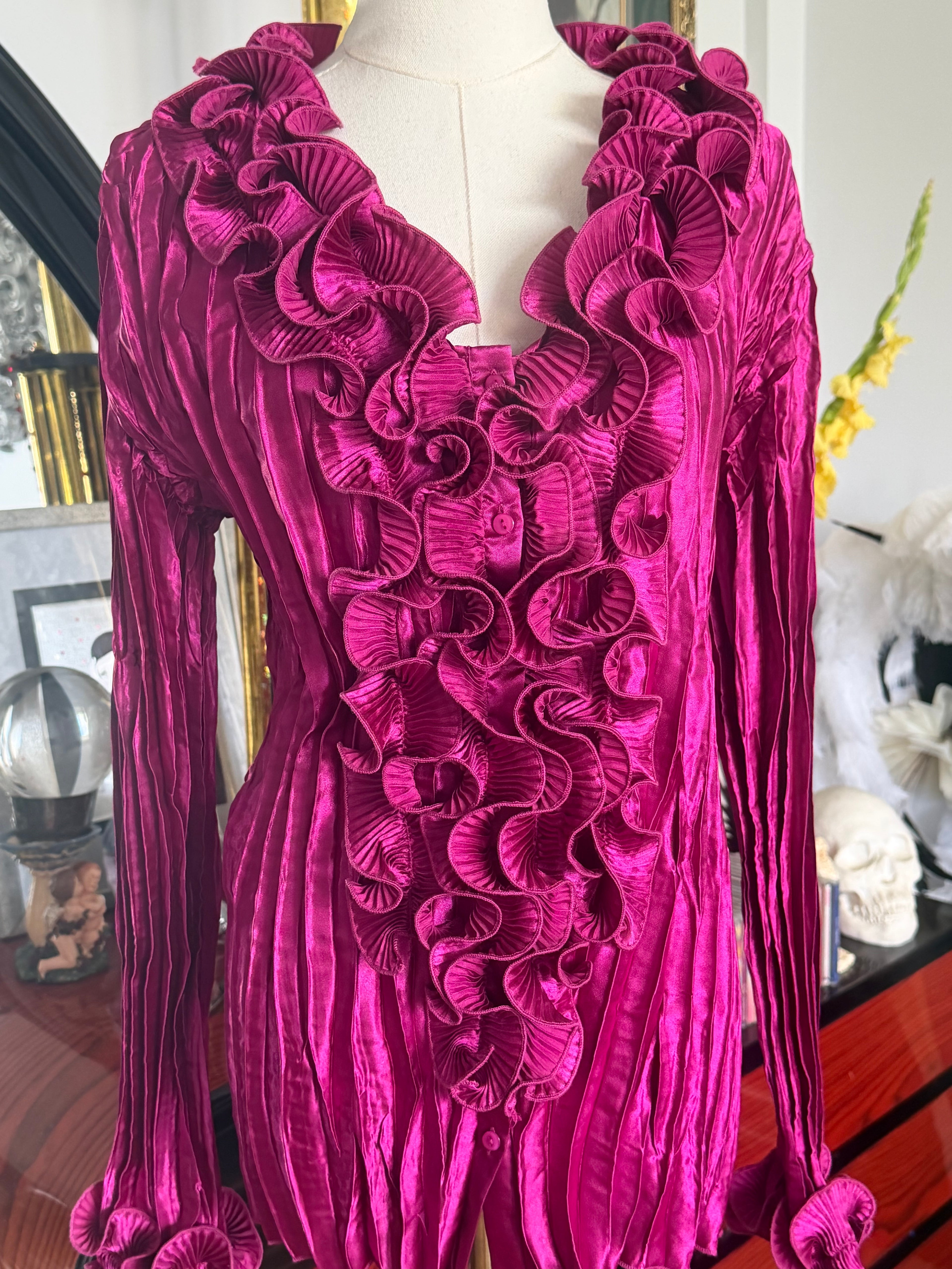 Coffee Rippie Magenta Crinkle Ruffle Blouse | Romantic Textured Stretch Top | XL