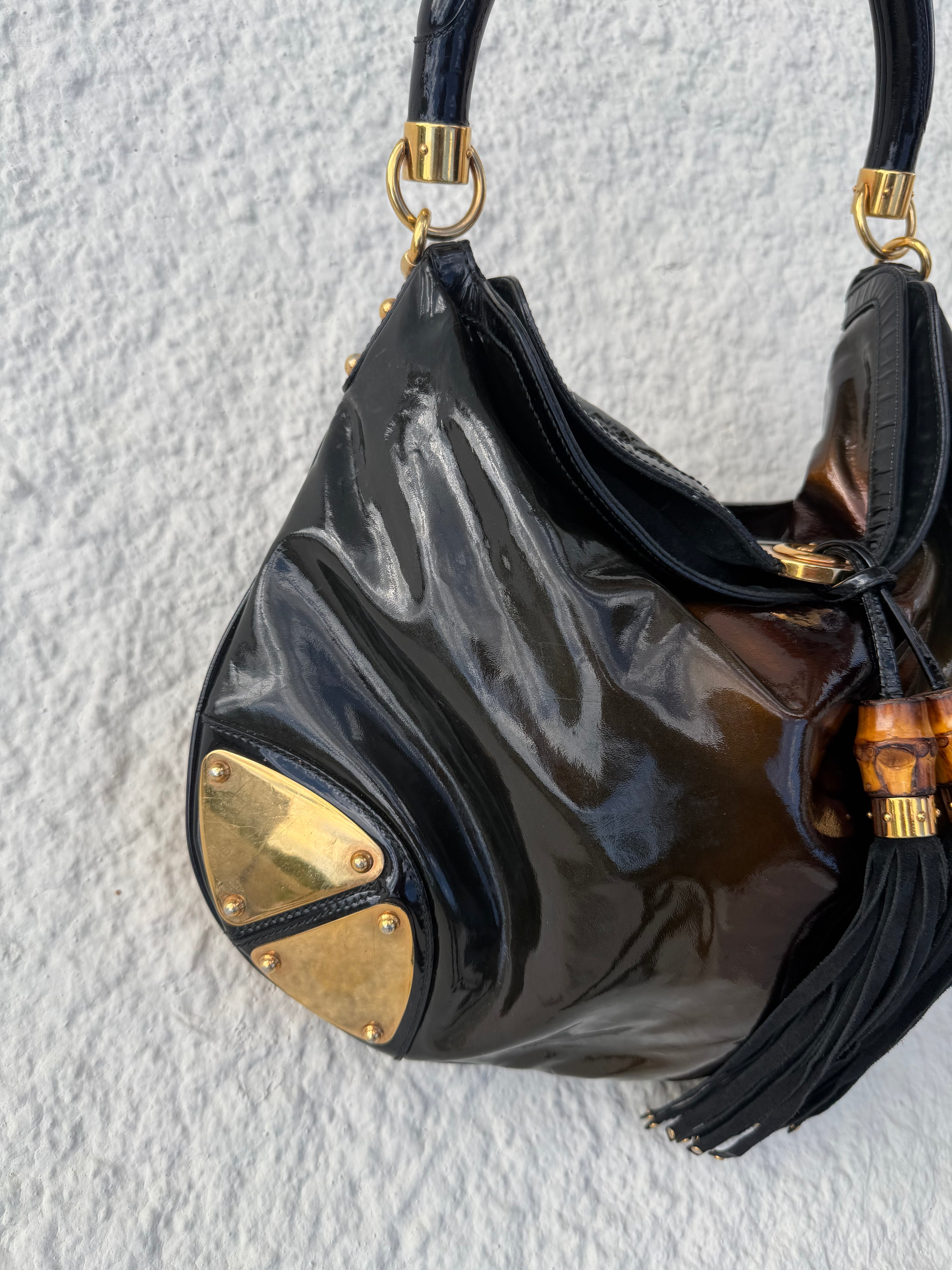 Gucci Indy Large Patent Bamboo Tassel Hobo Bag – Black Patent / Gold Hardware (2007 Collection)