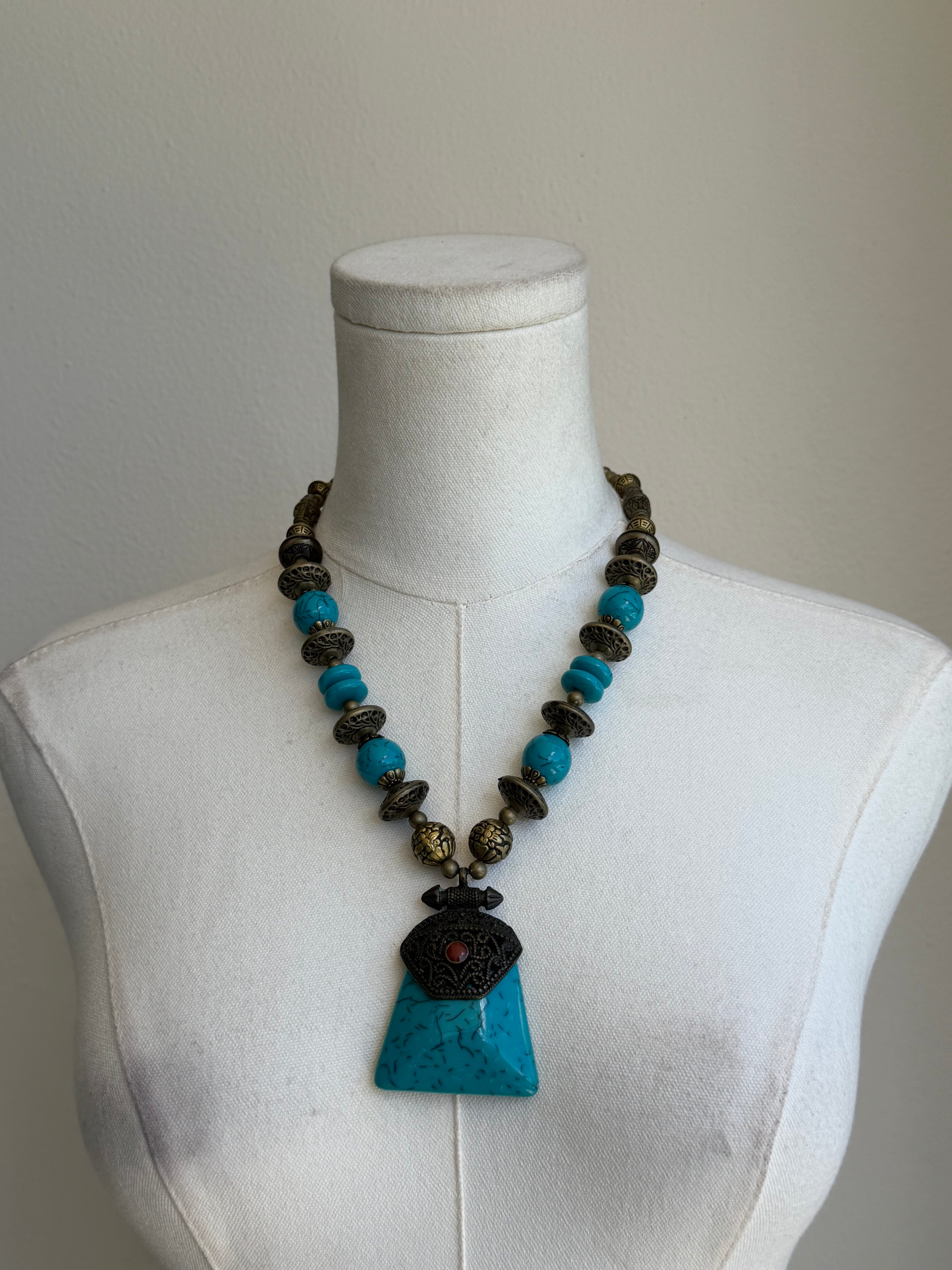 Turquoise & Antique Bronze Pendant Necklace
